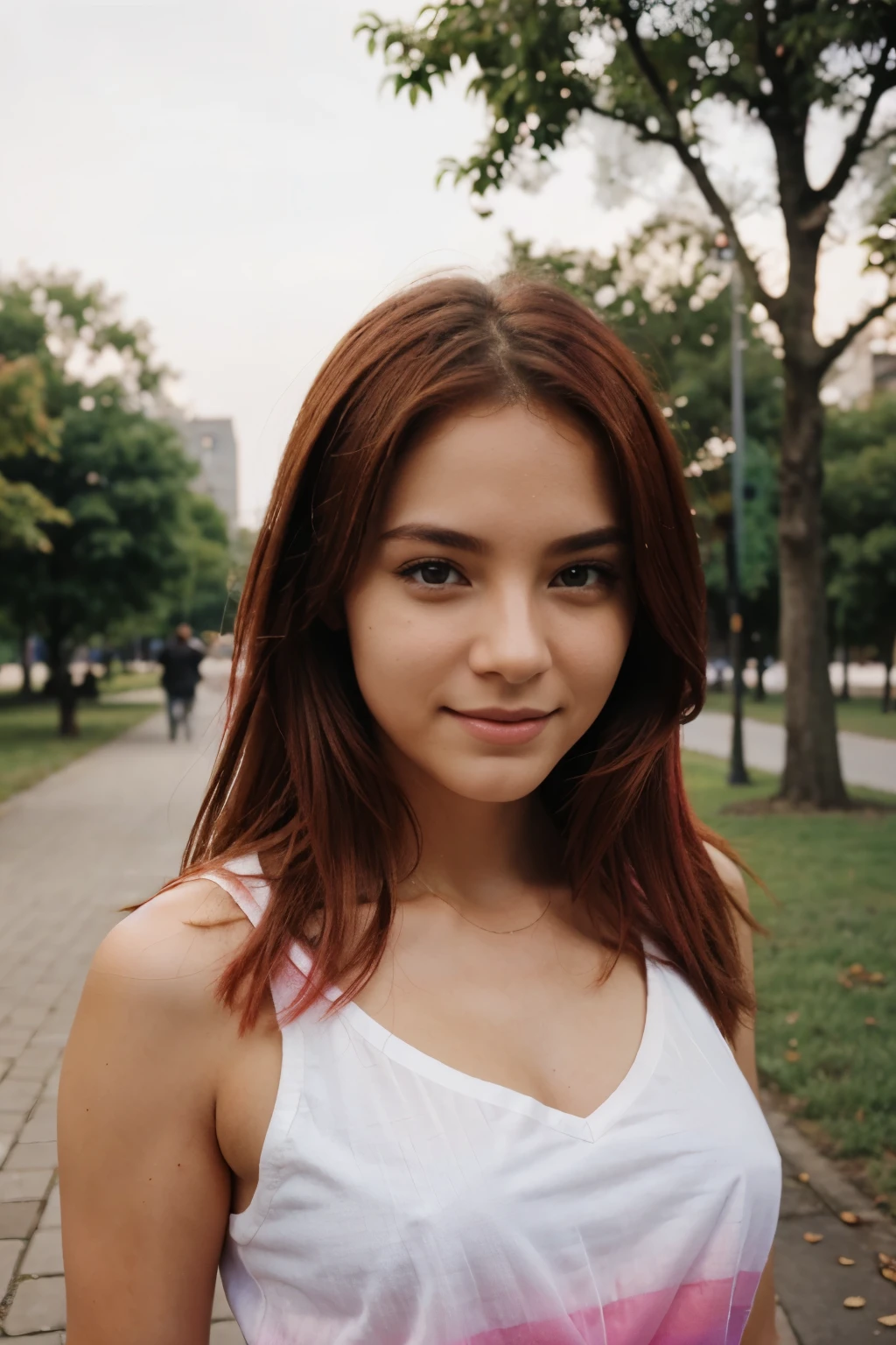 Beautiful wornan, 20 years okt, with a smile on their face, red hair, , taken with iphone camara BREAK medium shot seihe of a pretty young woman BREAK (ombre:1.3) bland e pink BREAK tim grain, medium quality,in the park