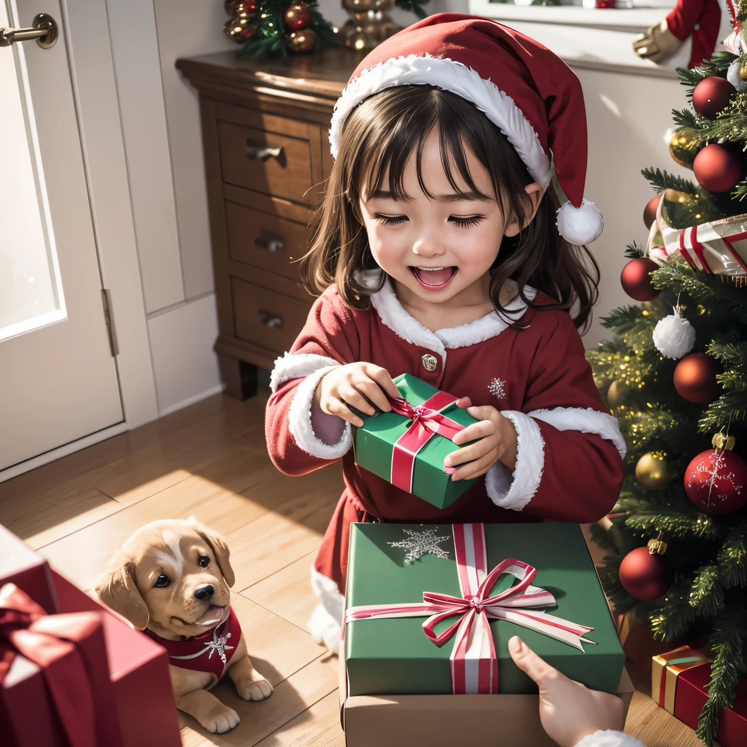 finest image, 8k, RAW photo, realistic, detailed, delicate, flashy and dynamic depiction, , beautiful girl opens a big box of Christmas presents, cries with surprise and joy, and a cute puppy peeks out from inside the box, in a living room decorated for Christmas