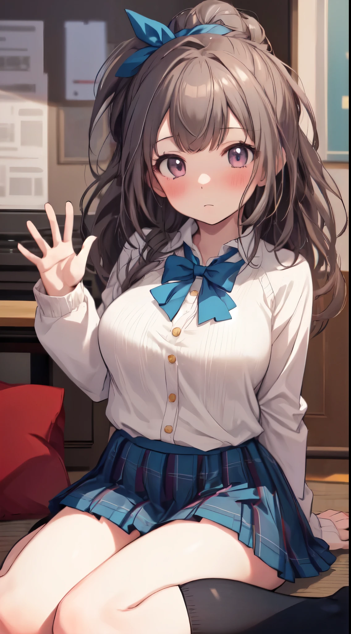 (8K, Raw photo, Best Quality, masutepiece:1.2), (extremely detailed 8K wallpaper),Illustration、Professional Lighting,Sharp Focus, depth of fields、
NSFW、Clear eyes、perfect anatomia、15yo student、girl with、(high ponytail:1.1)、huge tit、Lonely face、(red blush:1.4)、(white lace bra:Only 1.7),(Pleated skirt with tartan check:1.4)、(Black Knee High Socks:1.5)、,(White lace panties:1.5)、Emphasize plump thighs、Lift skirt、Emphasizes cleavage、(wariza:1.8)、