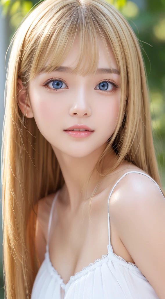 Authentic photo quality、Extraordinary sexy beauty、White Pretty Girl、Beautiful calm and bright expression、Sexy refreshing look、Perfect beautiful cute face with long bangs、Super long bright shiny blonde straight hair、beautiful face blonde、Very cute beautiful sexy young little woman、Very perfect beautiful cute face、Very beautiful bright light blue big eyes、very big eyes、White beautiful skin、Glossy skin、Gloss skin、Teak Gloss、Small face beauty、cheek highlights