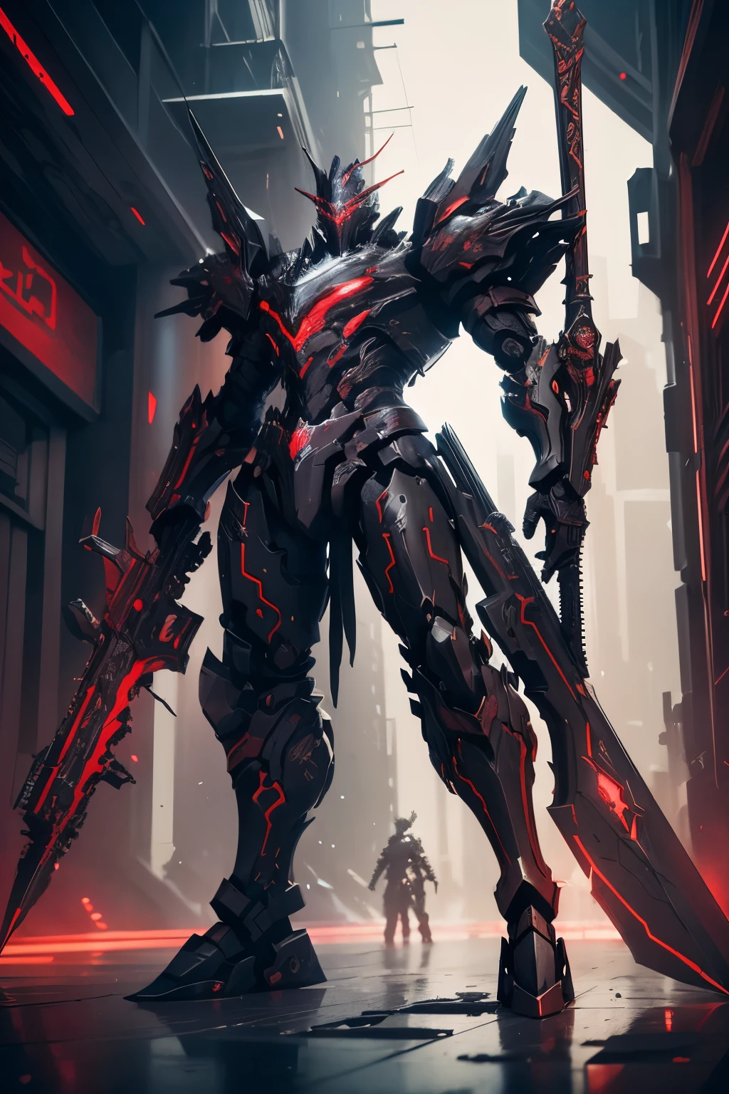 "Raw photo with a Dark Fantasy and Cyberpunk vibe, featuring a powerful blend of a Big Revolver and a Sword wielded by a Red-colored man with a 1.1x emphasis, creating a striking contrast. The composition portrays a Mechanical Wonder with a Robotic Presence, evoking the essence of a Cybernetic Guardian."