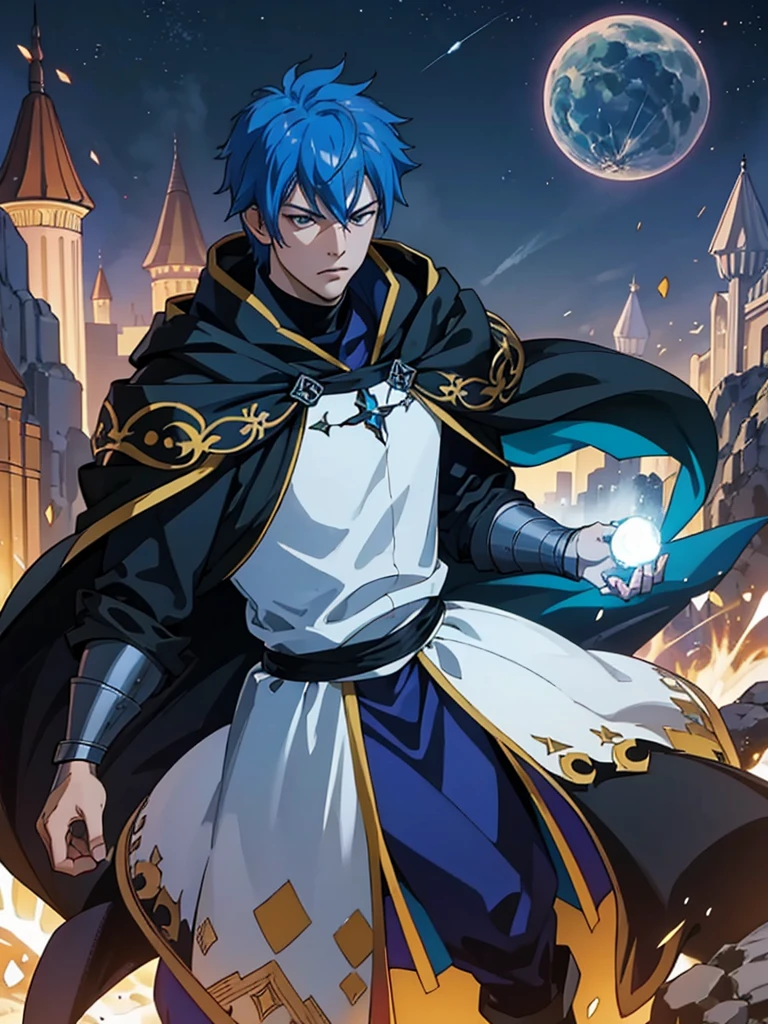 (masterpiece), best quality, expressive eyes, perfect face,1male, dynamic pose, magic, black cloak, castle, full body, jellal_fernandes, fantasy, hood, armored, meteor