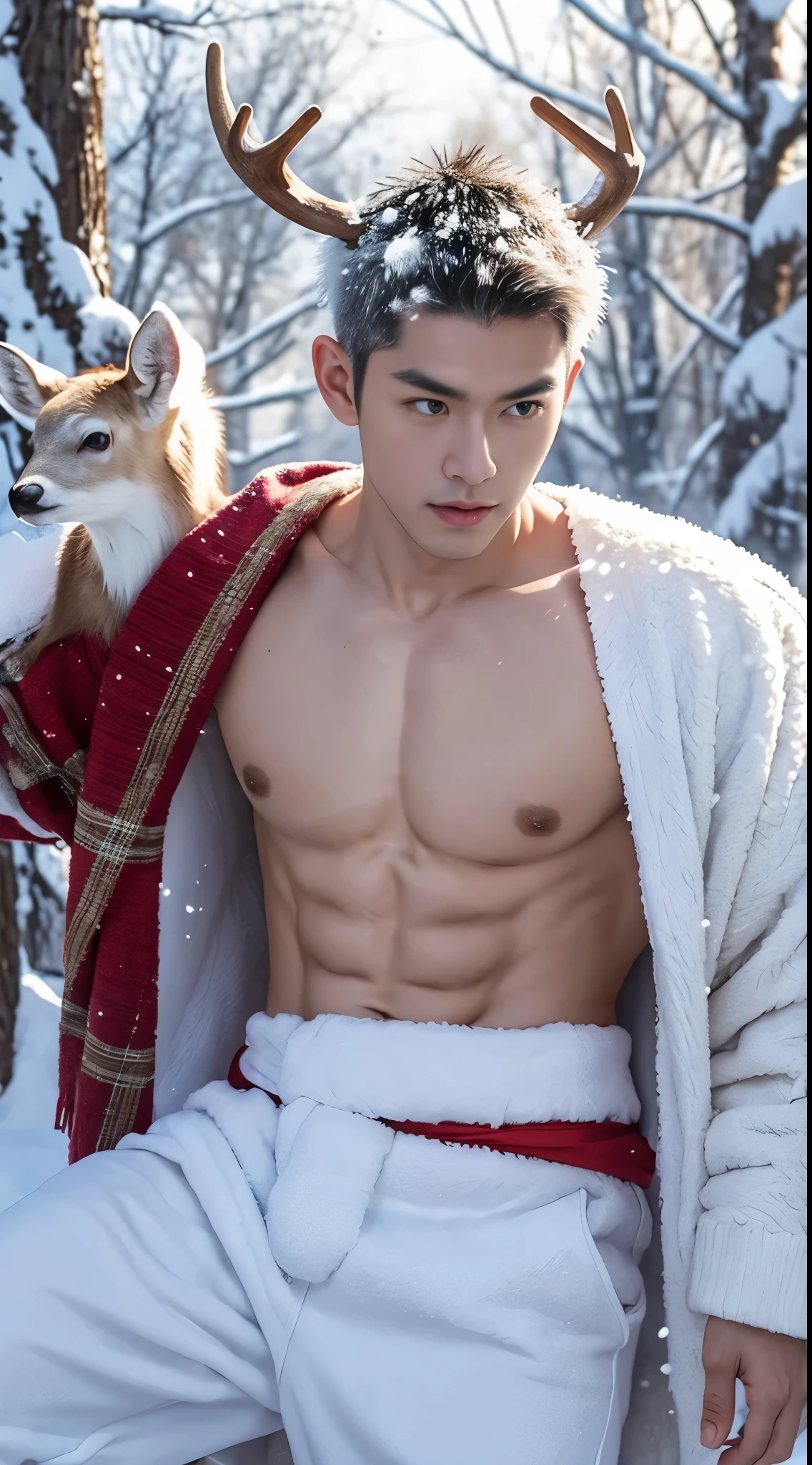 Japanese man, handsome, muscular, white hair, has antlers on his head, little brown deer outfit, takes off shirt, snow field, heavy snow, Christmas