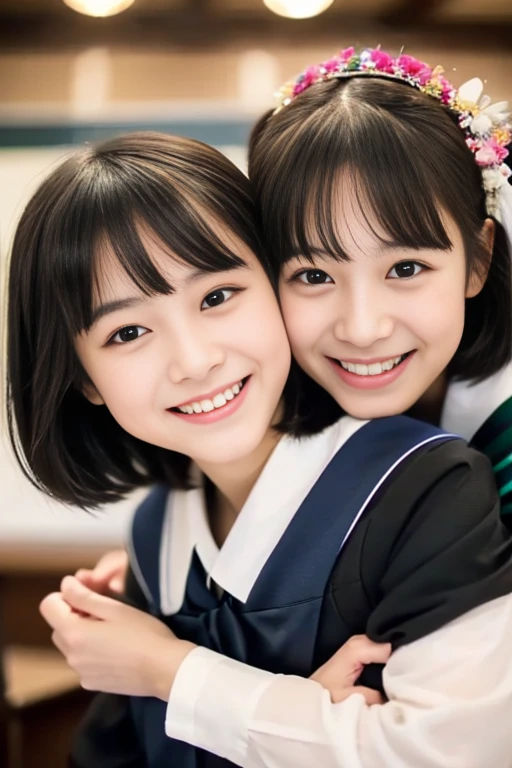 (Best Quality,Photorealistic,hight resolution),2girls,Beautiful detailed eyes,Beautiful detailed lips,Smiling,Laughing,kawaii系,Happy,having fun,Joyful,excited,,clew,cosy atmosphere,magical moments,,Happy memories,cherish sisterhood,love and laughter、a 、childish、Looking at the camera、kawaii服装,Girl sitting,Sitting flat,A smile that makes you want to hug,accurate hands without incongruity,Precise feet without discomfort,short-cut,poneyTail,Kissing、Lori,((masterpiece))), (Beautiful japanese girl, classmates, Innocence,kawaii,Boyish short-haired,A dark-haired :1.4)) ,超hight resolution, Realistic, ultra-detailliert, 8K,top-quality, Extremely detailed, Detailed background,A slender,とてもBeautiful japanese girl, Detailed face:1.3), , (a baby faceadorable girl)