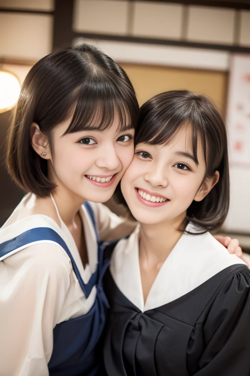 (Best Quality,Photorealistic,hight resolution),2girls,Beautiful detailed eyes,Beautiful detailed lips,Smiling,Laughing,kawaii系,Happy,having fun,Joyful,excited,,clew,cosy atmosphere,magical moments,,Happy memories,cherish sisterhood,love and laughter、a 、childish、Looking at the camera、kawaii服装，Girl sitting，Sitting flat,A smile that makes you want to hug，accurate hands without incongruity，Precise feet without discomfort，short-cut，poneyTail，Kissing、Lori，((​masterpiece))), (Beautiful japanese girl, classmates, Innocence，kawaii，Boyish short-haired，A dark-haired :1.4)) ，超hight resolution, Realistic, ultra-detailliert, 8K,top-quality, Extremely detailed, Detailed background,A slender,とてもBeautiful japanese girl, Detailed face:1.3), , (a baby faceadorable girl)