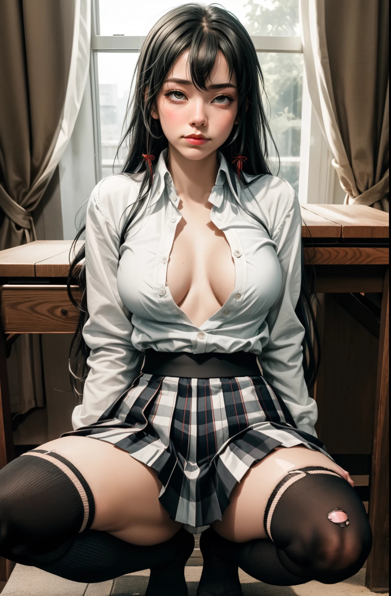 (full figure:1.1), (1 girl as yukino yukinoshita:1.5), highres, solo, big breasts, waist long black hair, (twintails:0.5), (pleated school miniskirt:1.5), (black knee high socks:1.5), (loose red ribbon:1.2), (cotton skirt:1.5), (unbuttoned white shirt:1.4), (ahegao:1.5), green eyes, (rolling eyes:1.5), (torn clothes:1.5), (naked breasts:1.5), spread legs, (squatting:1.1), legs wide open, (drugged:1.5), breastapart