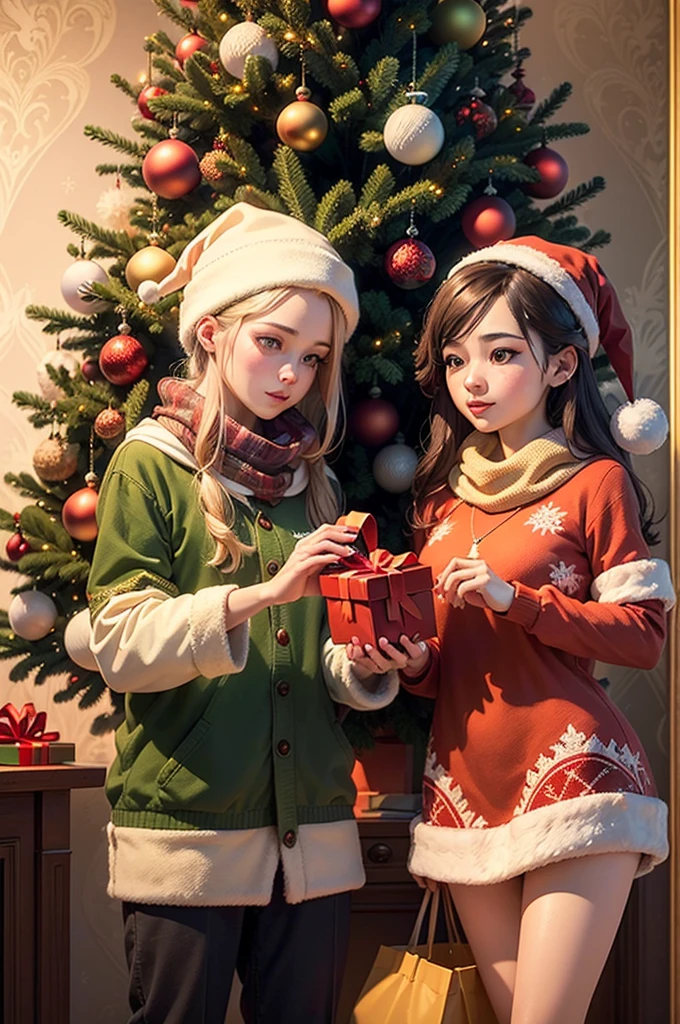 couple Exchange Christmas Gift, Holding Gift, Receive Christmas Gift, Give Gift, Festive atmosphere, surprise, by Richard Scarry, enhance, intricate, (best quality, masterpiece, Representative work, official art, Professional, unity 8k wallpaper:1.3)