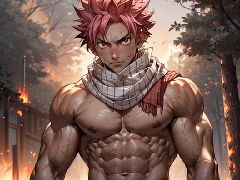 ((upper body)) masterpiece, best quality red eyes, game cg, 1boy adult man, (naked:1.2) rugged adult face, solo, male focus, looking at viewer, upper body, Natsu Dragneel natsu_dragneel, pink hair, red eyes, (shirtless naked), toned muscle, pectorals, 8 abs, toned legs, naked, slightly bulged, (large fire:1.5) and ember (particle effects:1.2), detailed, dynamic lighting, well lit, (fire on skin:1.2), (skin burning:1.2), (eyes on fire:1.2) (white scarf), ( view from a distance)