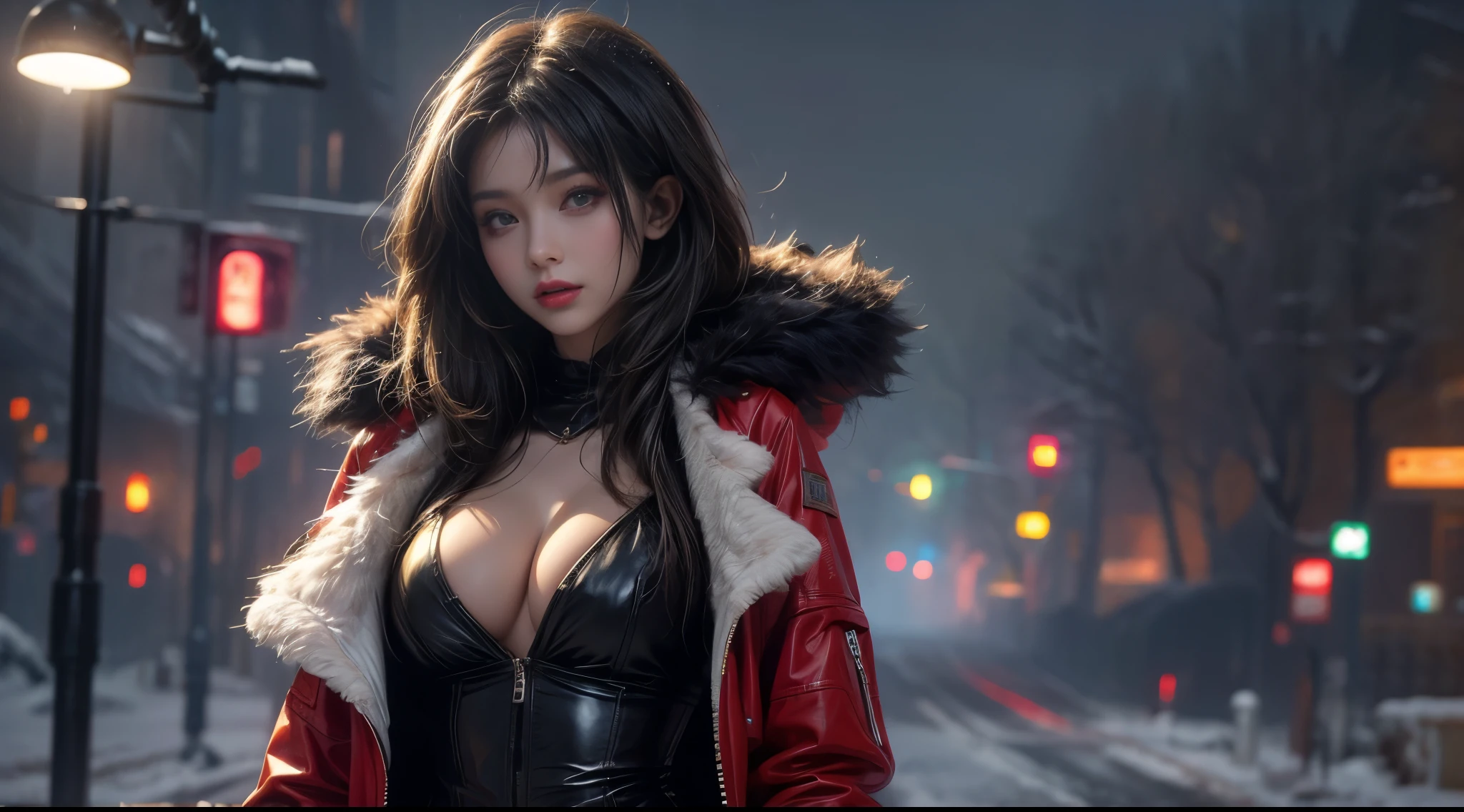 tmasterpiece,quality,Best quality,offcial art,(Beauty and aesthetics:1.2),(tmasterpiece:1.3),The cities of the future,cyber punk personage,one-girl,Fur coat,did not wear underwear,Sexy figure,looking at the camera in,(closeup cleavage:1.8),volume fog,snow cover,nevando,dramatics,the night,christmas
