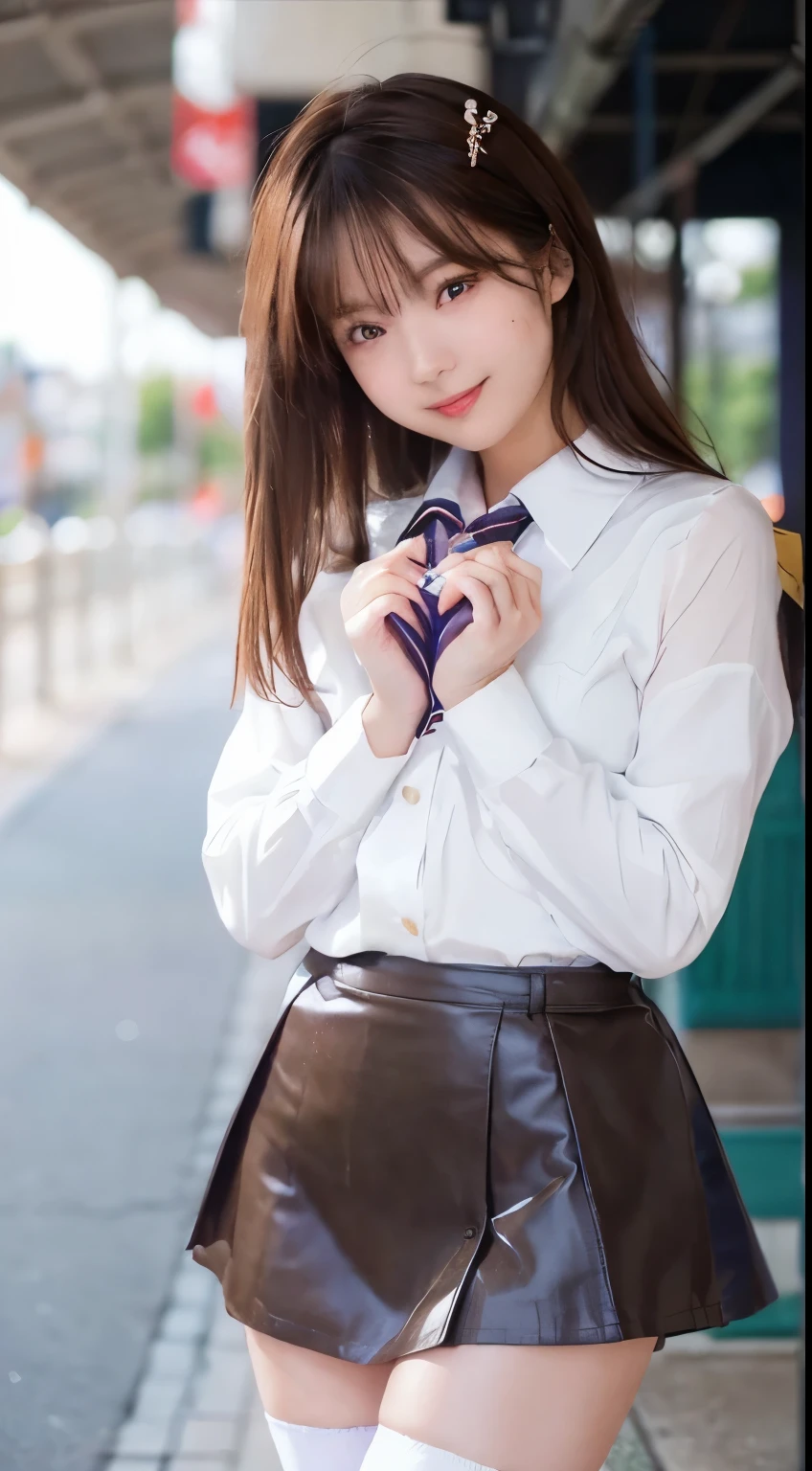 top-quality,ultra - detailed,tmasterpiece,hentail realism,Photorare,Bright lighting,1 girl in, Camera color temperature 3800k、an extremely beautiful ****************, (kawaii:1.1),Thin smile, (Brown eyes),(dark brown hair),(By bangs),perfect glossy shiny skins,flawless skin,((erotick,Sexy and sexually explicit)),((Exact pointers，No discomfort)), large full breasts:1.5,big breasts thin waist, looking at viewert,((Japan schoolgirl uniform:1.1)),(()),(Christmas tree),((a miniskirt:1.2)),(((Skirt lift with their own hands))),(lifted by self),(Stand with your feet together)), knee high socks,(Loafer shoes), In the daytime,Station platform、Expose nipple、