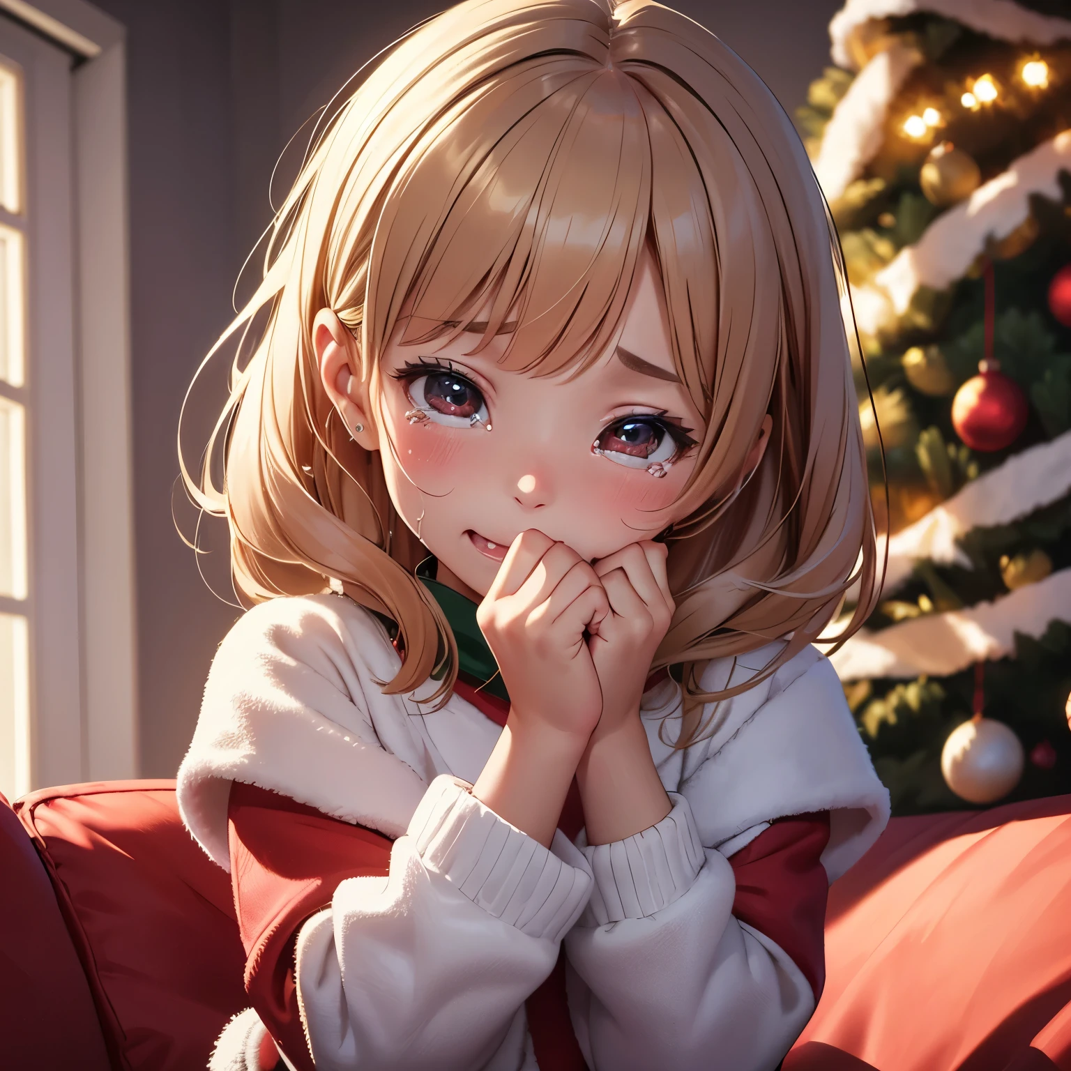 finest image, 8k, RAW photo, realistic, detailed, delicate, flashy and dynamic depiction, five years old, beautiful girl crying with surprise and happiness after receiving a Christmas present, a living room decorated for Christmas, and a puppy