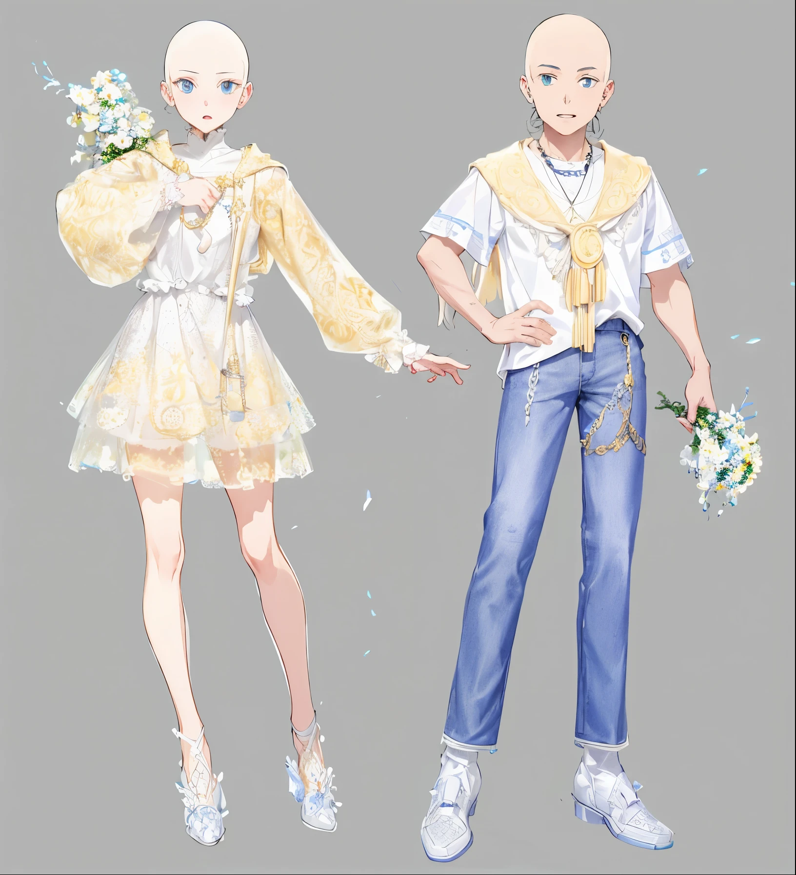 Anime drawing of a man and a clothed woman, clothing design, fashion concept art, clothing designs, lunar themed attire, Meticulous clothes, clear clothing design, long term wear, Flowing clothes, Full body character design, clothing concept, style anime, very detailed and rich clothing, detailed full-body concept, Diverse clothing, high quality character design, clothes high detail