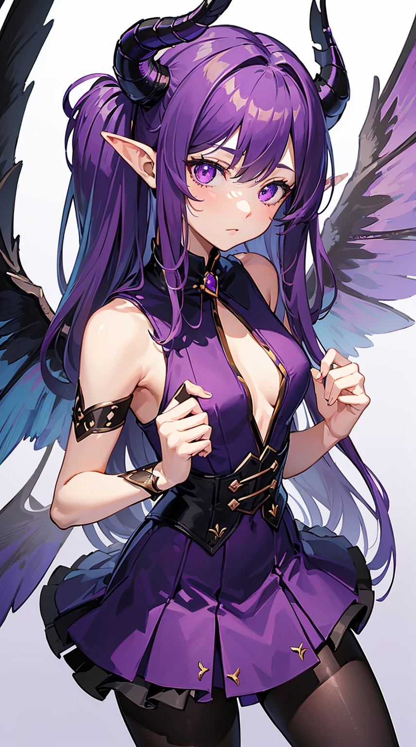 (masterpiece), (best quality), (ultra-detailed), 1 anime girl, horns, purple drilled hair, wings, sleeveless dress, sexy, short skirts, pantyhose, , winged, (masterpiece), (ultra-detailed)(super detailed face)(super detailed eyes)