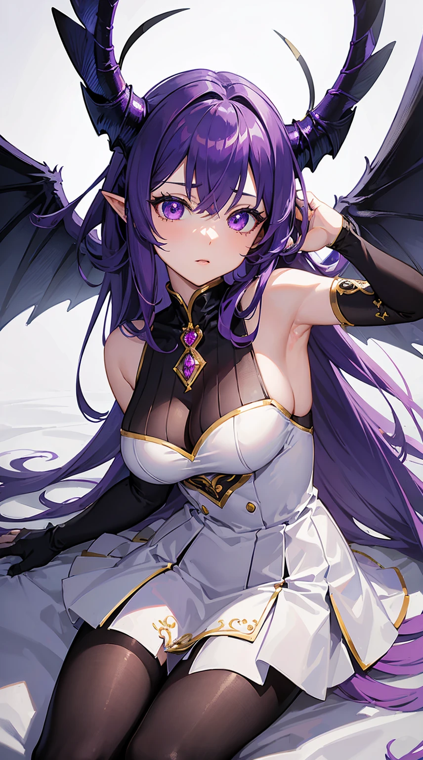 (masterpiece), (best quality), (ultra-detailed), 1 anime girl, horns, purple drilled hair, wings, sleeveless dress, sexy, short skirts, pantyhose, , winged, (masterpiece), (ultra-detailed)(super detailed face)(super detailed eyes)