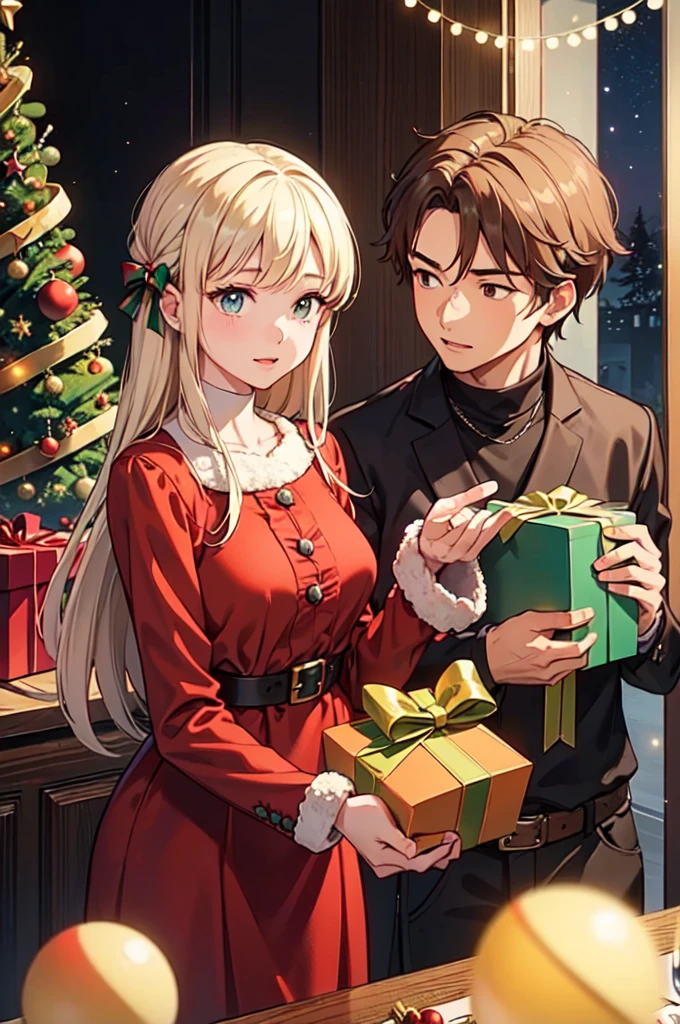 couple Exchange Christmas Gift, Holding Gift, Receive Christmas Gift, Give Gift, Festive atmosphere, surprise, by Chiho Aoshima, enhance, intricate, (best quality, masterpiece, Representative work, official art, Professional, unity 8k wallpaper:1.3)