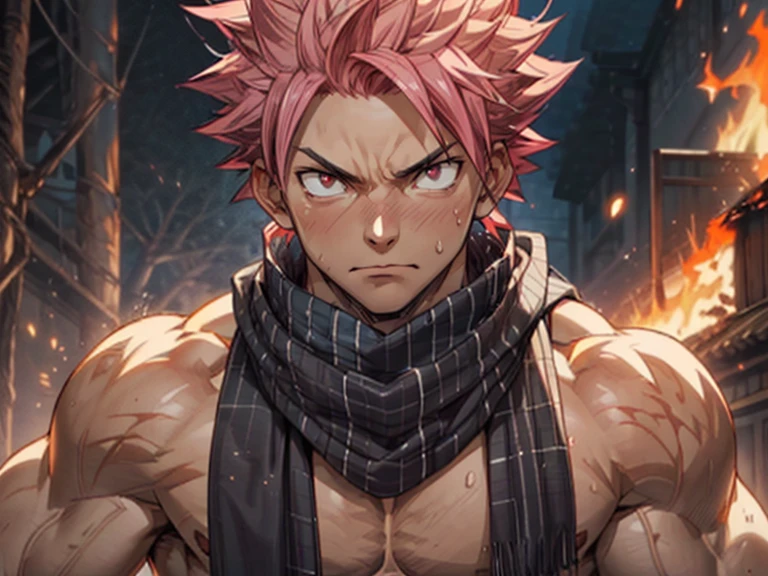 ((upper body)) masterpiece, best quality red eyes, game cg, 1boy adult man, (naked:1.2) rugged adult face, solo, male focus, looking at viewer, upper body, Natsu Dragneel natsu_dragneel, pink hair, red eyes, (shirtless naked), toned muscle, pectorals, 8 abs, toned legs, naked, slightly bulged, (large fire:1.5) and ember (particle effects:1.2), detailed, dynamic lighting, well lit, (fire on skin:1.2), (skin burning:1.2), (eyes on fire:1.2) (white scarf), ( view from a distance)