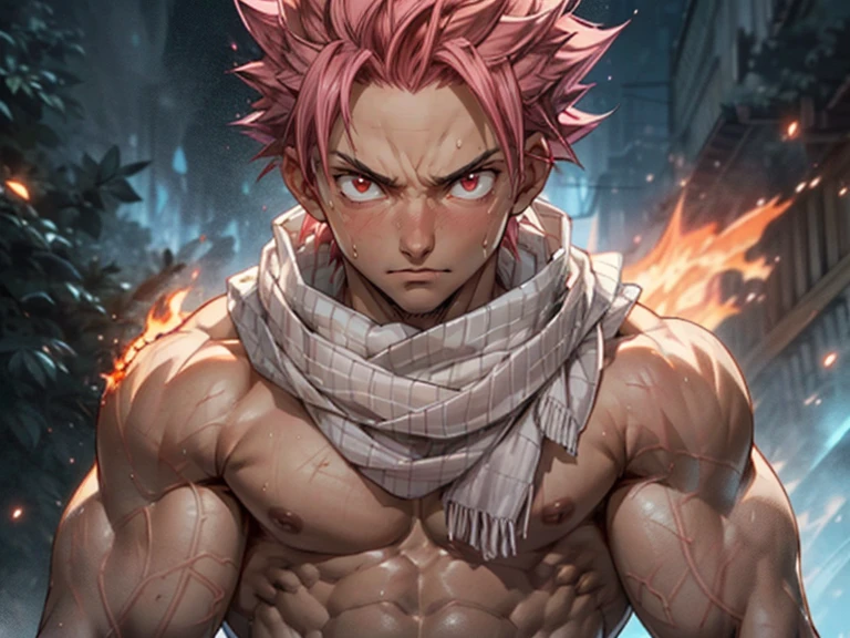 ((upper body)) masterpiece, best quality red eyes, game cg, 1boy adult man, (naked:1.2) rugged adult face, solo, male focus, looking at viewer, upper body, Natsu Dragneel natsu_dragneel, pink hair, red eyes, (shirtless naked), toned muscle, pectorals, 8 abs, toned legs, naked, slightly bulged, (large fire:1.5) and ember (particle effects:1.2), detailed, dynamic lighting, well lit, (fire on skin:1.2), (skin burning:1.2), (eyes on fire:1.2) (white scarf), ( view from a distance)