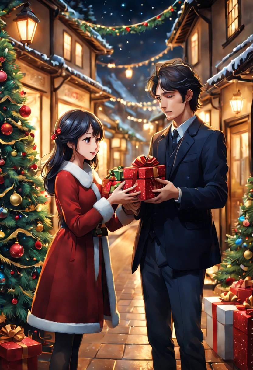 couple Exchange Christmas Gift, Holding Gift, Receive Christmas Gift, Give Gift, Festive atmosphere, surprise, by Richard Scarry, enhance, intricate, (best quality, masterpiece, Representative work, official art, Professional, unity 8k wallpaper:1.3)