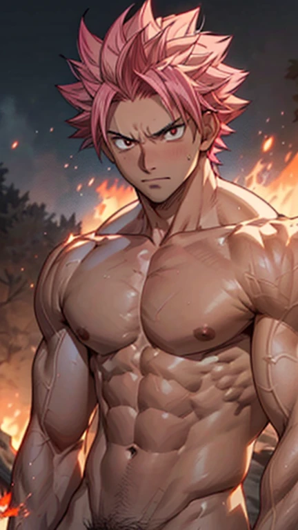 ((upper body)) masterpiece, best quality red eyes, game cg, 1boy adult man, (naked:1.2) rugged adult face, solo, male focus, looking at viewer, upper body, Natsu Dragneel natsu_dragneel, pink hair, red eyes, (shirtless naked), toned muscle, pectorals, 8 abs, toned legs, naked, slightly bulged, (large fire:1.5) and ember (particle effects:1.2), detailed, dynamic lighting, well lit, (fire on skin:1.2), (skin burning:1.2), (eyes on fire:1.2) (pink pubic hair:1.2), (penis:1.2) ((view from a distance)