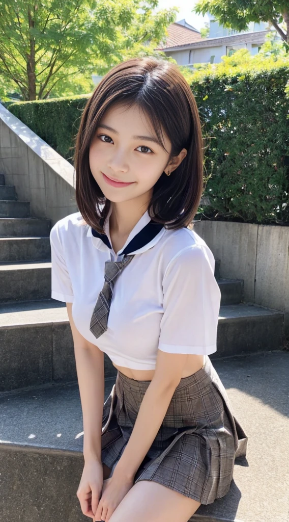 one person&#39;s, (beautiful girl, Delicate:1.3), (18-year-old:1.3),
break, (Lush countryside　background:1.2),
break, Shy laugh, Very beautiful eyes, (Symmetrical eyes:1.3),
break, (E cup breasts:1.3), School uniforms:1.3, Brown eyes, Parted bangs, Brown bob cut hair, Round face, cute,
break, (Eye and facial details:1.0),
break, (masterpiece, Highest quality, Very detailed, Detailed face, 8k)