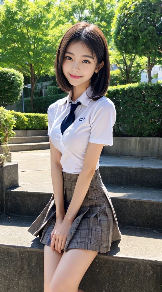 (Highest quality,8K quality,masterpiece:1.3),(超A high resolution,Photorealistic:1.4,RAW Photos),(Very detailed,Caustics,Detailed Background),(Ultra-Realistic Capture,Fine and beautiful skin,Perfect Anatomy),Daytime,School,Schoolyard,18-year-old,cute,single eyelid,Black Hair,Schoolのブレザーの制服,Laughter,Bust up shot,Natural soft light,photorealistic,I can see your feet,b-cup,Erotic,cute下着,I can see your underwear