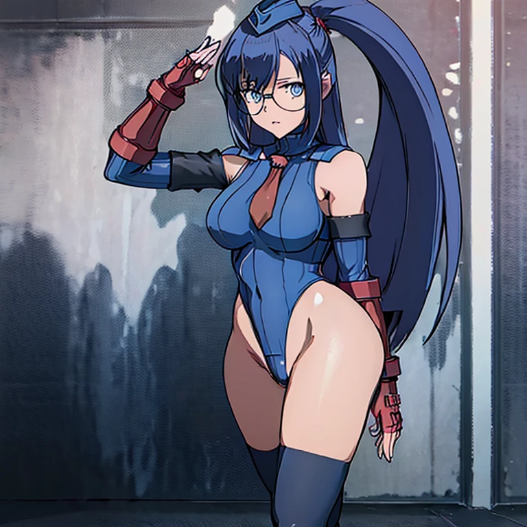 ultra-detailed, Explicit, Beautiful body, Beautiful Nose, Beautiful character design, perfect eyes, perfect face, ultra highres, 4K, beautiful legs, perfect legs, Nice hands, Perfect hand, Masterpiece, Best Quality, Highly detailed, illustration, absurdres, street fighter, doll suit, shadaloo doll, dollsuit, expressionless, blank eyes, looking at viewer, red gloves, emotionless, black latex, corrution, mind control, female combatant, full body, hypnotized, unhappy trance, full body suit, ribbed bodysuit, both arms at side, obey, perfect female body, extremely glossy latex, hypnosis, hypnoLora, empty eyes, Mind control device, poses, submissive_pose, Slave, hat, necktie, stand up straight, standing, standing at attention, hat, necktie, belt, latex, ribbed bodysuit, thighhighs, garter belt, Fighting Stance, extending the right arm from the shoulder into the air with a straightened hand, nazi saluting, military, military saluting, salute, thigh boots, 1girl, Toya Yamada, 16bit Sensation, glasses, long hair, blue hair, blue eyes