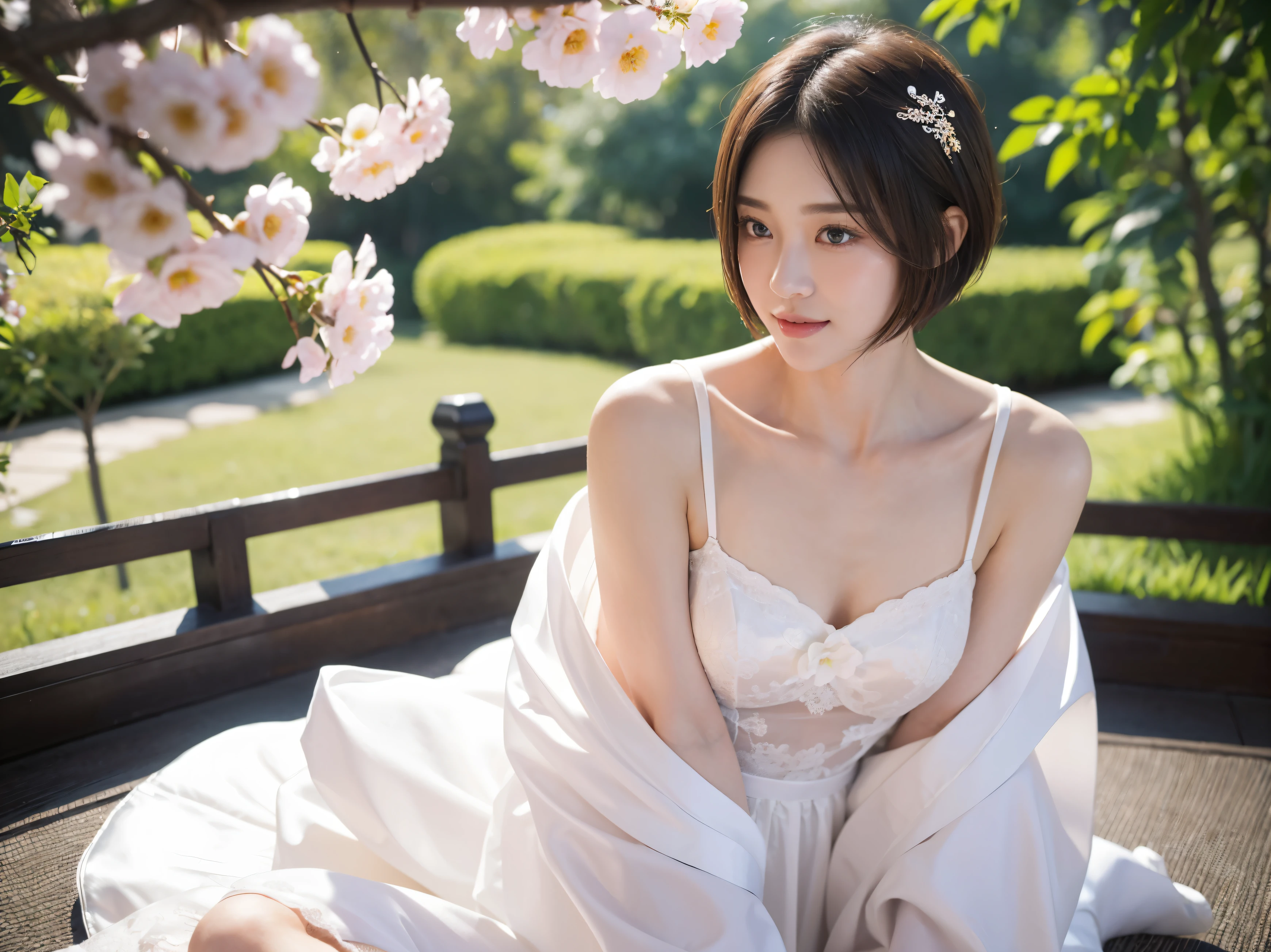 masterpiece、The highest image quality、hightquality、Beautuful Women、japanes、Popular Korean Makeup、detaileds、detailedsな目、detailedsな皮膚、Beautiful skins、超hight resolution、(现实:1.4)、very extremely beautiful、Slightly younger face、Beautiful skins、thin-waist、(A hyper-realistic)、(illustratio)、(hight resolution)、(8K)、(非常にdetaileds)(The best illustrationeautifully detailed eyes)、(超detaileds)、(wall-)、(detaileds顔)、ビューアのdetailedsを見る、 detailedsな顔、pureerosfaceace_v1、A smile、Looking straight ahead、photos realistic、Colorful hair color、(((very_Short_hair)))、((Background with,flower))wedding dress