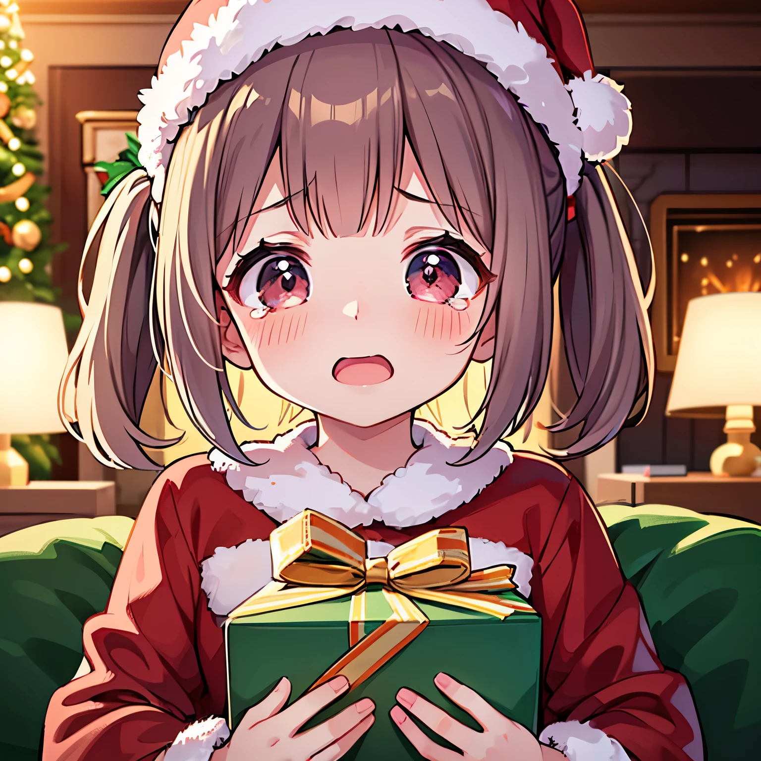 finest image, 8k, RAW photo, realistic, detailed, delicate, flashy and dynamic depiction, , beautiful girl cries with surprise and happiness after receiving a big box of Christmas presents, a living room decorated for Christmas, and a puppy