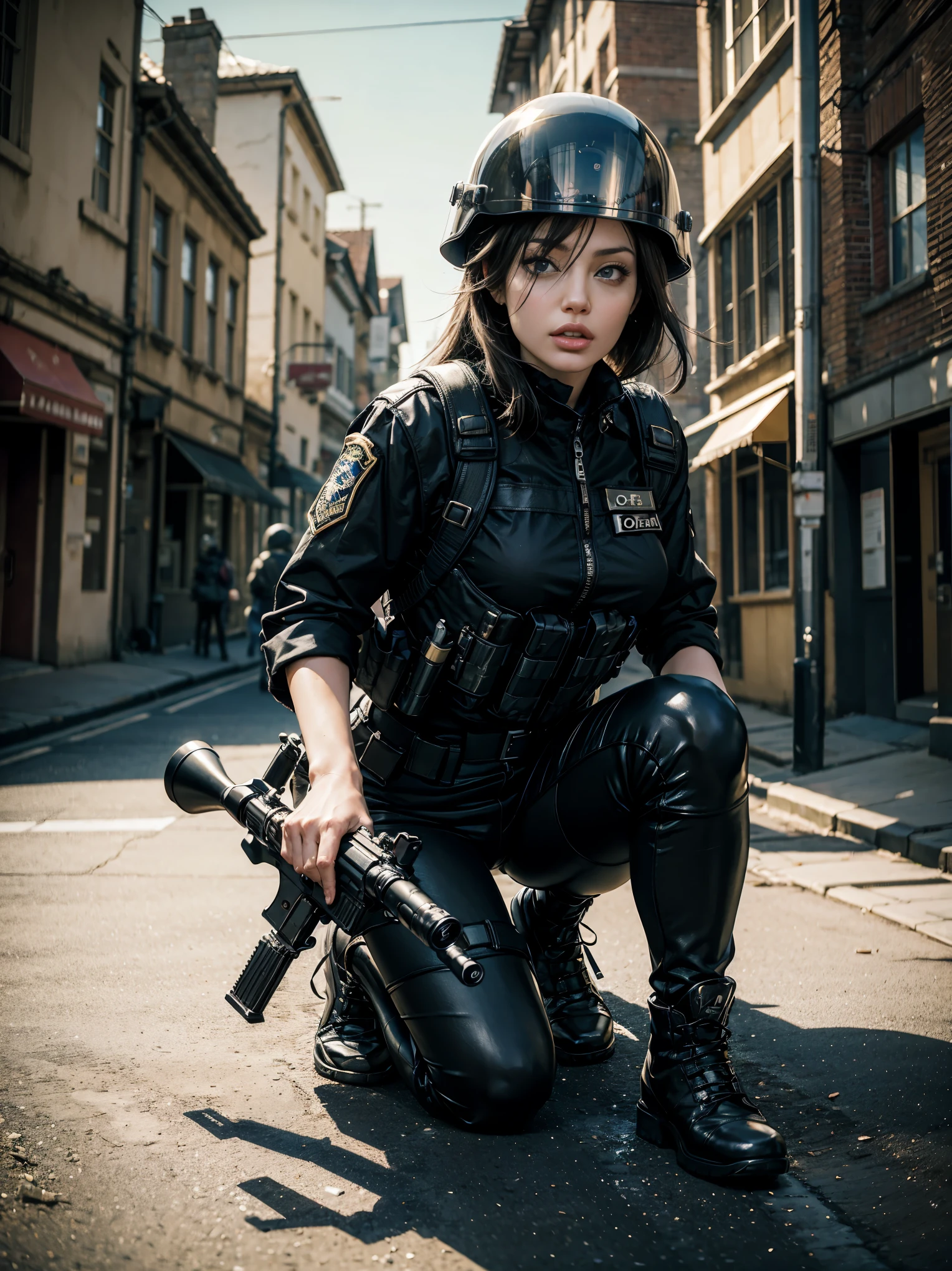 ((​masterpiece,in 8K,ultra-detailliert,resolution,Clearly)),A middle-aged female SWAT member rushing into the crime scene,Angelina Jolie,(crouching down:1.3),(((hold a gun:1.3))),(1girl), (full bodyesbian),(((SWAT helmet:1.3))),(SWAT body suit),(swat gloves),(tactical backpack),(Black Tactical Vest),(Combat boots),(((Dark background))),((Looking at viewer))