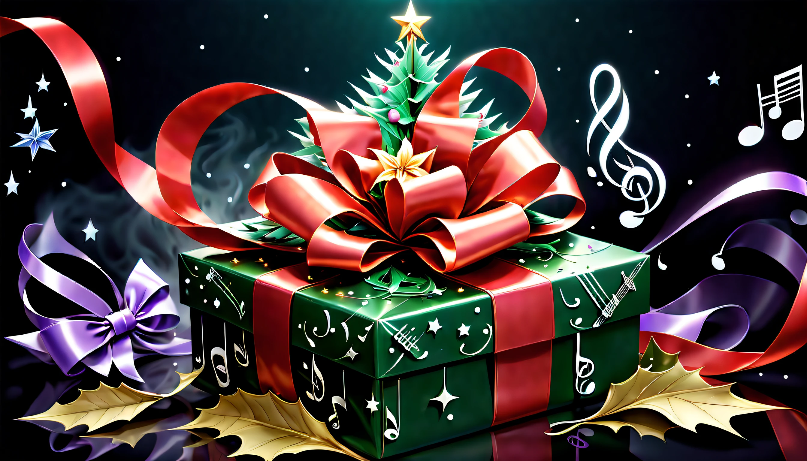 (((Insane illustration abstract christmas gift:1.3))), (((christmas decoration effect:1.3))), (((wear a christmas ribbon:1.4))), In the style of eternal fantasy, dizziness symbol, Iris, (((Multiple musical notes around Christmas smoke:1.4))), corn flower, Lavender Blush, Artistic colors, Diamond shape with dots inside, merciful god. Before God, noble person, A maiden trembling with joy, Paradise in Heaven, sanctuary, High resolution, rich colored brush strokes, best realistic, Details of absurd origins and consequences, Absurd resolution, Showing readiness to sacrifice one's life, pretending to be brave and fearless, Atmosphere that quietly disappears, create hell, paradise of despair, turmoil and madness, Background secret stone score is broken, intersection of shadow and light, confuse the light of truth, The brilliance of countless star fragments, Illustration showing justice and stupidity, 豊かな色のIrisに, fanatical wolf, seamless-dark-fantasy-smoke, Dazzling dream garden illustration, sad flower, reverberation reflection effect, Cinematic, low key lighting, smooth detail, High quality, Amazingly detailed rendering, Tonal contrast, best realistic, Details of absurd origins and consequences, absurd rendering, Christmas present box with ribbon, vintage pocket watch, Christmas tree, christmas sparkle, reflection effect, Cinematic-still-like, dark fantasy canvas glass transparent, smooth detail, High quality, Amazingly detailed rendering, Tonal contrast, fine coating, Cute atmosphere,