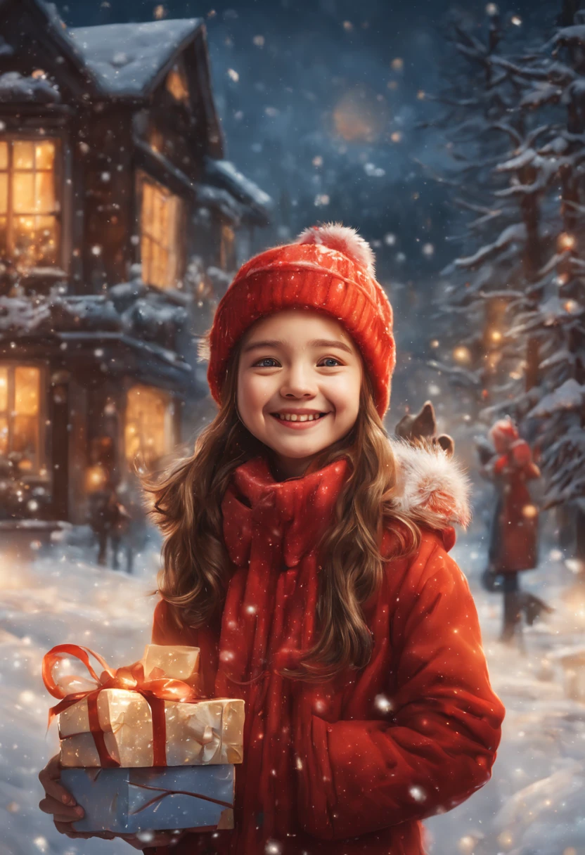 a painting. winter. One girl 20 years age standing with gifts in winter red dress facing camera smiling and laughing, brown hair, winter cap, influencer style, in background Amidst snow-kissed pines and festive cheer, r a joyous holiday season. magic of Christmas, night time starry night with snow, laughter and love. Season's Greetings, in background snowy house, Kids playing snowballs, snowmen, Sledding down the hill, skating. rink. Pine trees in the snow. Frosty Day. The city. High-rise buildings. merriment. joying. A lot of children in background, snow man, dog, gifts, warm christmas , girl smilling facing camera, 20 year 25year old, gifts in hand, , orange glow in sky, dawn