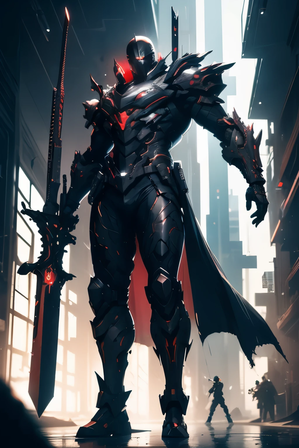 "Raw photo with a futuristic and cyberpunk vibe, featuring a powerful big buster sword wielded by a dark red-colored man with a 1.2x emphasis, creating a striking contrast.