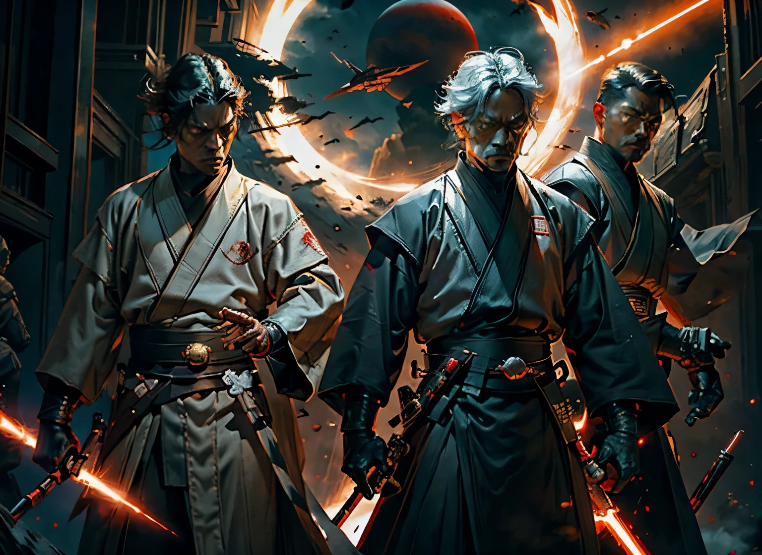 2 fierce Jedi warriors, men, sith robes, red light sabers, ready for war, space opera, massive space ships, traces of the force around the men