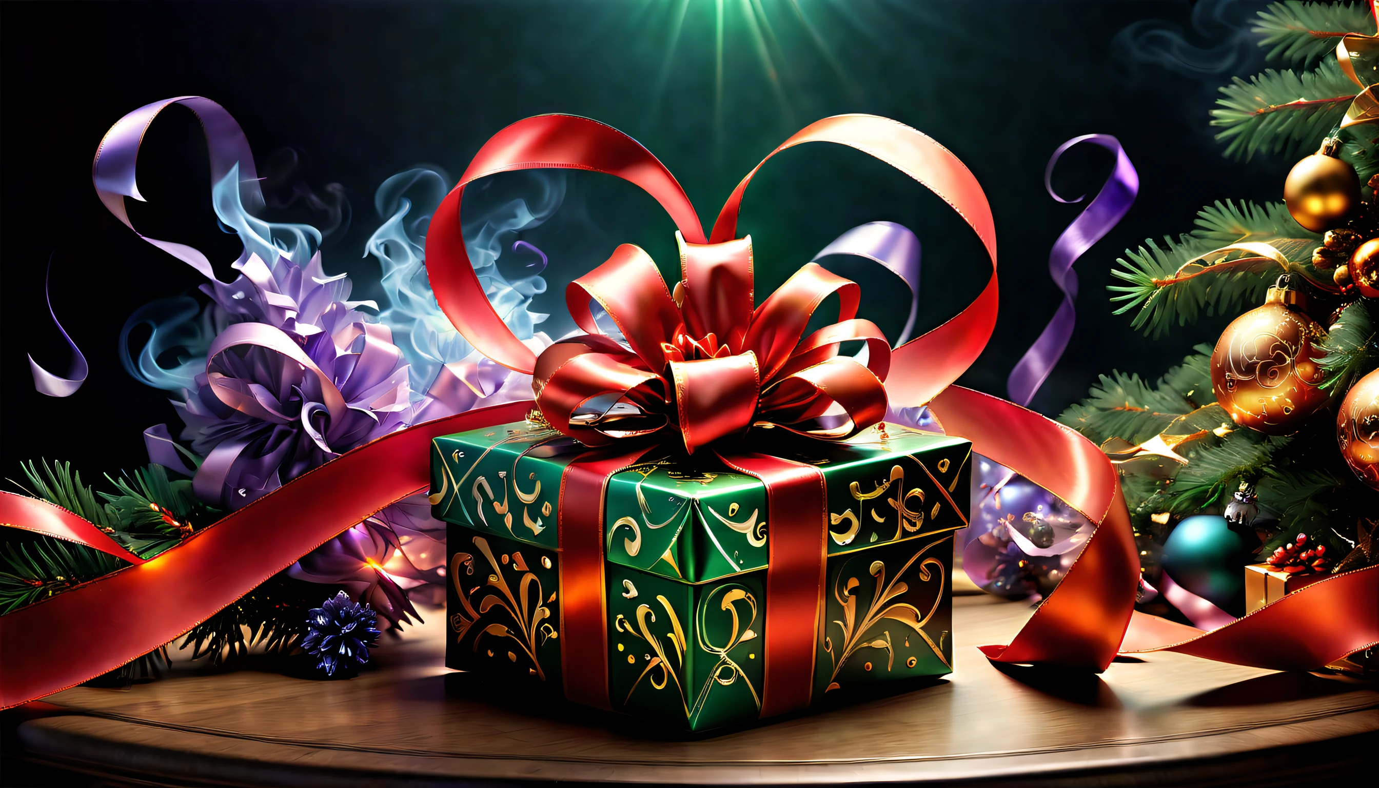 (((Insane illustration abstract christmas gift:1.3))), (((christmas decoration effect:1.3))), (((wear a christmas ribbon:1.4))), In the style of eternal fantasy, dizziness symbol, Iris, (((Multiple musical notes around Christmas smoke:1.4))), corn flower, Lavender Blush, Artistic colors, Diamond shape with dots inside, merciful god. Before God, noble person, A maiden trembling with joy, Paradise in Heaven, sanctuary, High resolution, rich colored brush strokes, best realistic, Details of absurd origins and consequences, Absurd resolution, Showing readiness to sacrifice one's life, pretending to be brave and fearless, Atmosphere that quietly disappears, create hell, paradise of despair, turmoil and madness, Background secret stone score is broken, intersection of shadow and light, confuse the light of truth, The brilliance of countless star fragments, Illustration showing justice and stupidity, 豊かな色のIrisに, fanatical wolf, seamless-dark-fantasy-smoke, Dazzling dream garden illustration, sad flower, reverberation reflection effect, Cinematic, low key lighting, smooth detail, High quality, Amazingly detailed rendering, Tonal contrast, best realistic, Details of absurd origins and consequences, absurd rendering, Christmas present box with ribbon, vintage pocket watch, Christmas tree, christmas sparkle, reflection effect, Cinematic-still-like, dark fantasy canvas glass transparent, smooth detail, High quality, Amazingly detailed rendering, Tonal contrast, fine coating, Cute atmosphere,