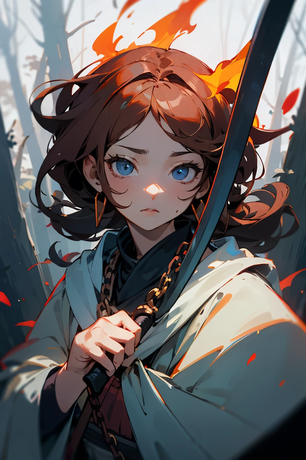 (Detailed pubic hair), s the perfect face,quadratic element,Beautiful Boylack in color,left hand chain,right hand machete,cloaks,Deep forest,ember,brunette color hair,eBlue eyes,