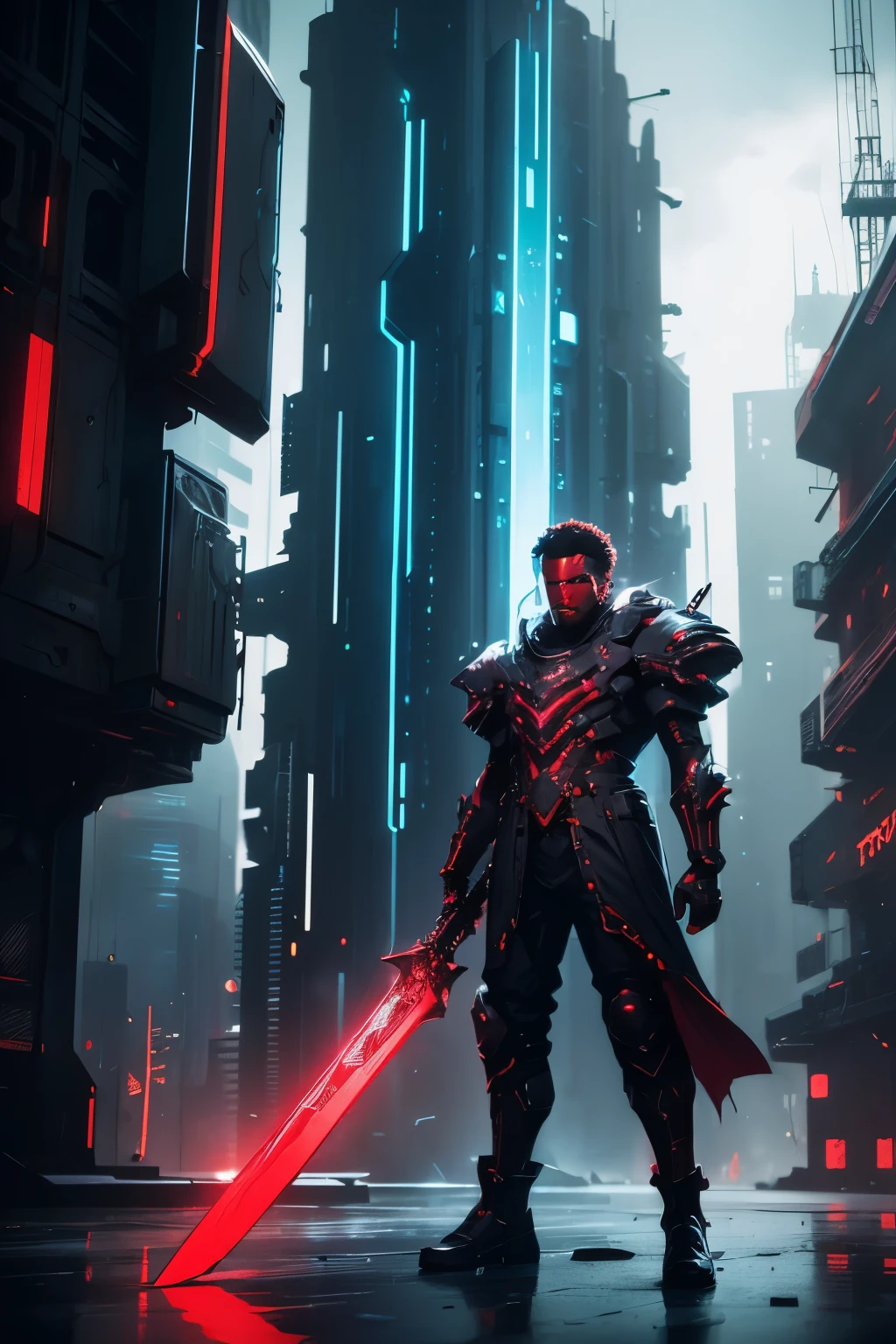 "Raw photo with a futuristic and cyberpunk vibe, featuring a powerful big buster sword wielded by a dark red-colored man with a 1.2x emphasis, creating a striking contrast.