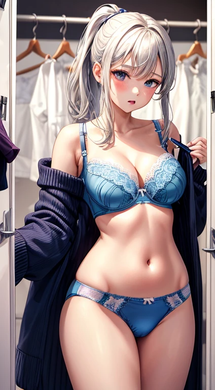 ultra-detailliert, (1girll), 25 years, Clothes that bulge out with large breasts, blush,Focus on the bust, (adult women's underwear store, Inside the fitting room:1.8), straight-on, high-level image quality, 8k, Best Quality, Puzzled face, Slightly silver hair in a backward ponytail, Off-shoulder knitted sweater, cleavage of the breast, beautiful blue bra,