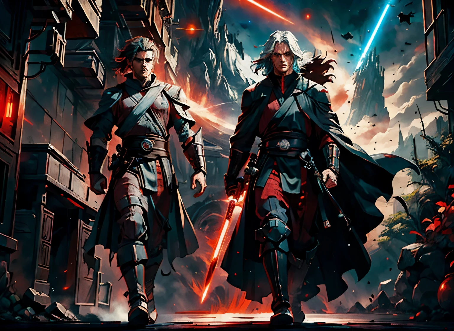 2 fierce Jedi warriors, men, sith robes, red light sabers, ready for war, space opera, massive space ships, traces of the force around the men