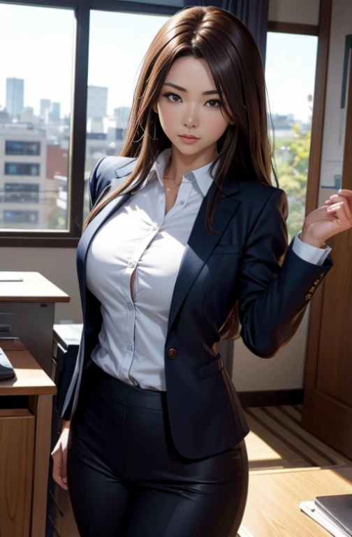 A Japanese girl she is standing in the classroom. Pose bem sexy, She has brown hair and tight abdominal muscles. wearing goggles, She puts her hands behind her back and opens her M-shaped legs. She's wearing a business uniform. The library is in the background. Pay attention to the details of the image, especialmente os detalhes dos olhos , enfatizando o realismo. This Unreal 8k official art wallpaper is a super detailed, Beautiful and aesthetic masterpiece, a melhor qualidade. The use of dynamic angles shows the elegance and romanticism of the image. A personagem tem seios grandes, Panties