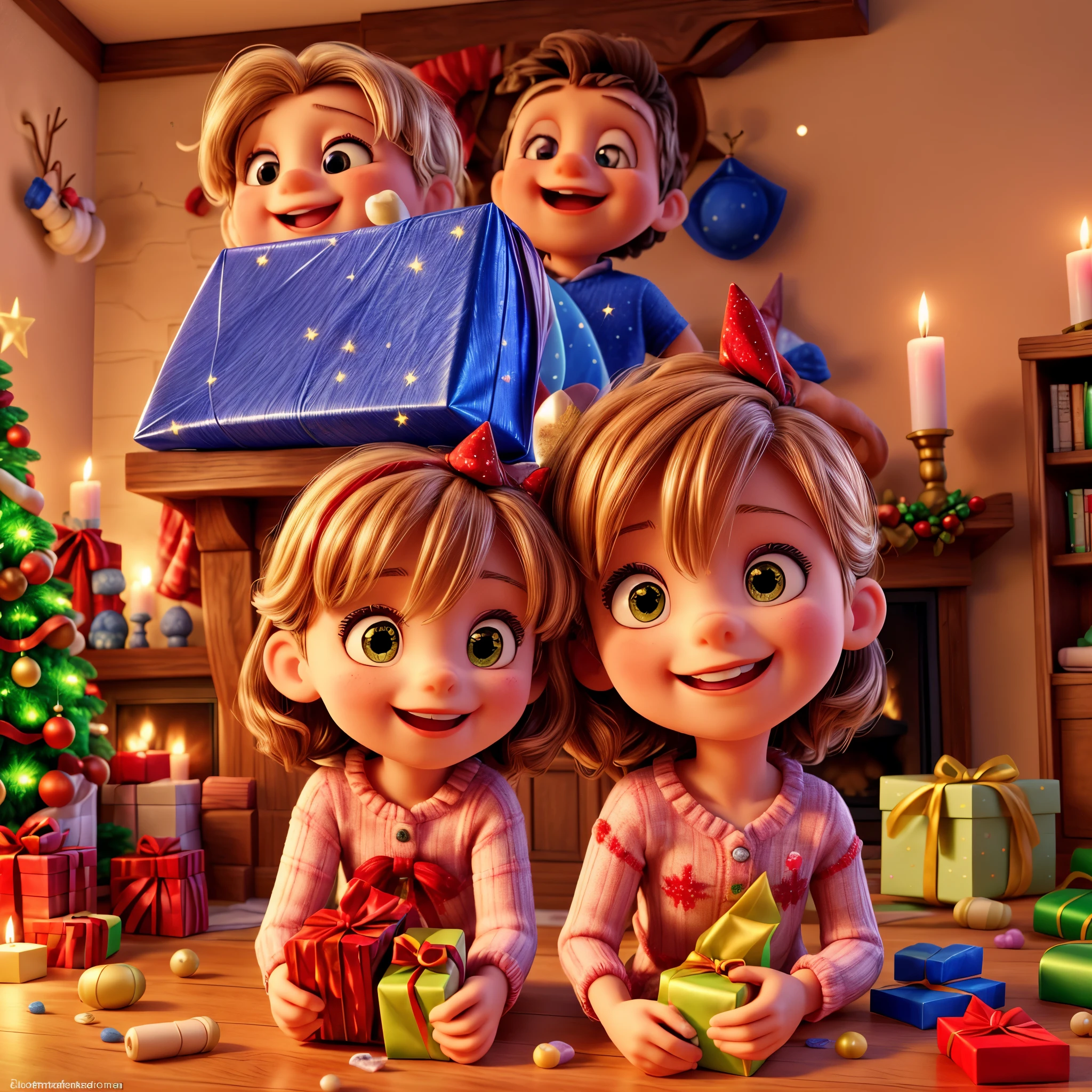(best quality,4k,8k,highres,masterpiece:1.2),ultra-detailed,(realistic,photorealistic,photo-realistic:1.37),vibrant colors,kids in pajamas,excited expressions,gift wrapping paper,piles of toys,unwrapping joy,holiday spirit,magical atmosphere,enchanting glow of Christmas lights,cozy living room,warm fireplace,decorated Christmas tree,snowflakes falling outside,kids laughing and smiling,jumping with excitement,ripping open presents,happiness and surprise,joyful expressions,uncontained excitement,toys of all shapes and sizes,plush animals,dolls,action figures,colorful building blocks,books and puzzles,stuffed stockings on the mantel,flickering candlelight,chocolates and candies,festive holiday decorations,sparkling ornaments,snowflakes hanging from the ceiling,sparkling tinsel,ribbons and bows,detailed expressions on each child's face,anticipation and wonder,magical moments,memories in the making,unwrapping gifts with anticipation,gleaming eyes filled with delight,excitement filling the air,kids playing and sharing toys,presents scattered all around,children running around with newfound treasures,filled with joy and gratitude.