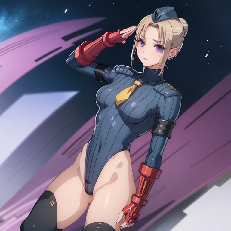 ultra-detailed, Explicit, Beautiful body, Beautiful Nose, Beautiful character design, perfect eyes, perfect face, ultra highres, 4K, beautiful legs, perfect legs, Nice hands, Perfect hand, Masterpiece, Best Quality, Highly detailed, illustration, absurdres, street fighter, doll suit, shadaloo doll, dollsuit, expressionless, blank eyes, looking at viewer, red gloves, emotionless, black latex, corrution, mind control, female combatant, full body, hypnotized, unhappy trance, full body suit, ribbed bodysuit, both arms at side, obey, perfect female body, extremely glossy latex, hypnosis, hypnoLora, empty eyes, Mind control device, poses, submissive_pose, Slave, hat, necktie, stand up straight, standing, standing at attention, hat, necktie, belt, latex, ribbed bodysuit, thighhighs, garter belt, Fighting Stance, extending the right arm from the shoulder into the air with a straightened hand, nazi saluting, military, military saluting, salute, thigh boots, 1girl, platinum blonde hair, bangs, bangs that frame both sides of her face, fair complexion, full pink lips, soft purple eyes, Isaku Senagaki, Ojou to Banken-kun