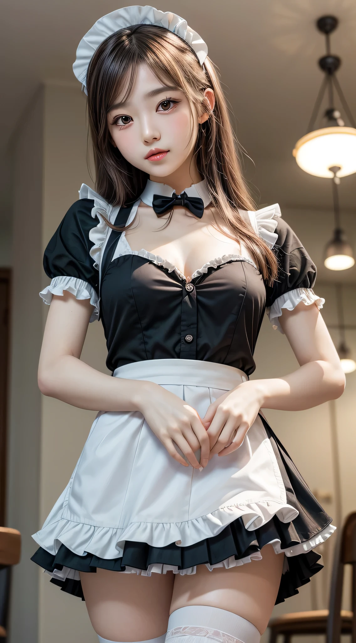 (ung girlrown hair, Amazing face and eyes, Pink eyes, seducting smile, (Maid café costume with frills, Pleated mini-skirt:1.5), (Wide open maid cafe costume:1.2), bared chest, (amazingly beautiful girl), Brown hair, Stylish hair ornamen Quality:1.4), (Ultra-detailed), (extremely detailed CG unified 8k wallpaper), Highly detailed, High-definition raw color photos, Professional Photography, depth of fields, (View from below),