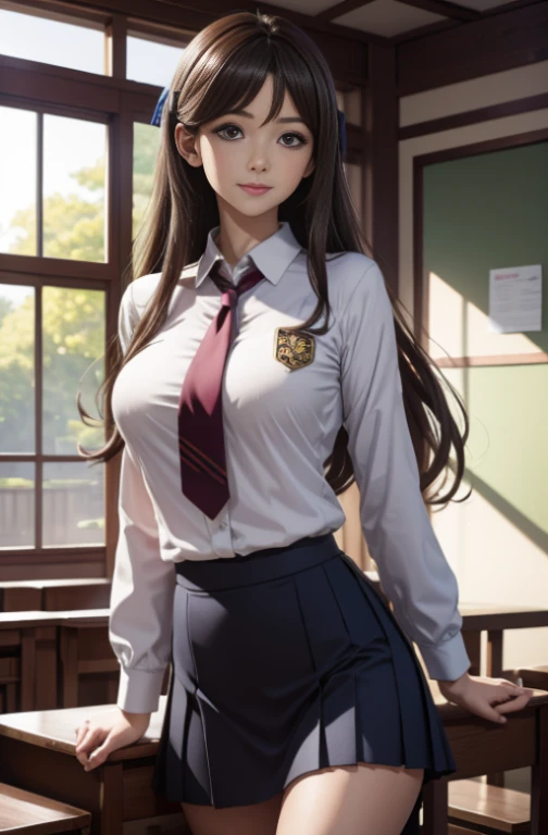 A Japanese girl she is standing in the classroom. She has brown hair and tight abdominal muscles. She puts her hands behind her back and opens her M-shaped legs. She's wearing a business uniform. The library is in the background. Pay attention to the details of the image, especialmente os detalhes dos olhos , enfatizando o realismo. This Unreal 8k official art wallpaper is a super detailed, Beautiful and aesthetic masterpiece, a melhor qualidade. The use of dynamic angles shows the elegance and romanticism of the image. A personagem tem seios grandes, usando mini saia sexy, sentada na mesa com as pernas abertas