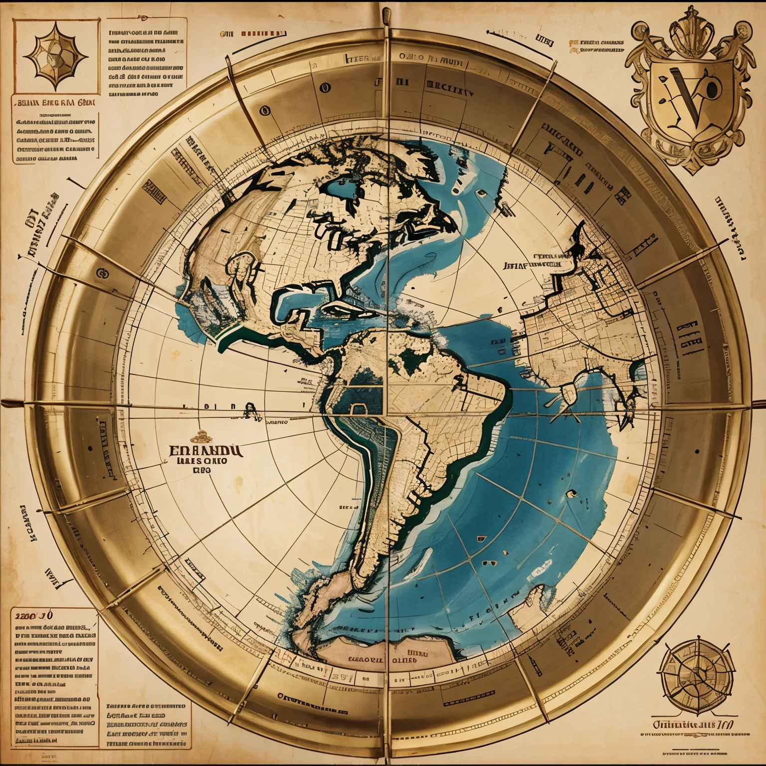 Mapa mundi com quatro continente um grande no meio dois em cima e  em baixo e um ao leste