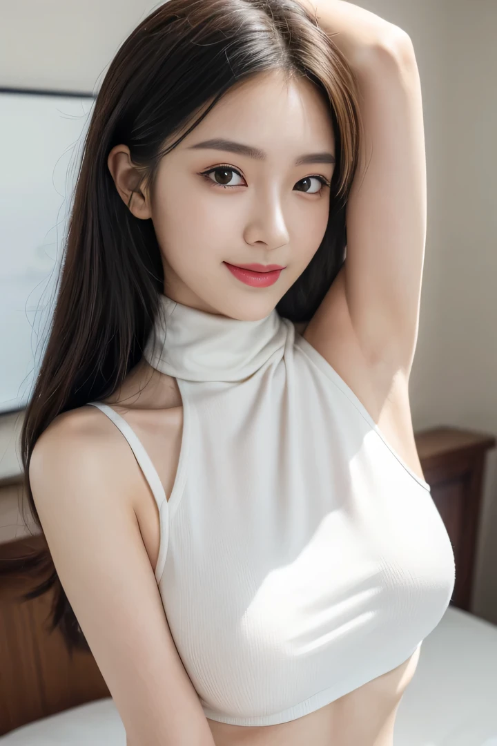 (master piece:1.5),(8K high image quality), (top-quality), (RAW image quality), (ultra-detailliert, Extremely detailed),(超A high resolution),(Photographed by a professional photographer)),largeeyes,long eyelasher,(Beautiful Face 1.4)),Photorealistic light and shadow,Clear facial features, (amazingly realistic skin,Highly detailed and realistic skin texture,Fair skin),((Shooting from very long distancesした全身画像),((Shooting from very long distances)),(Only one girl),beatiful detailed eyes,(double eyelids beautiful face),(30-year-old K-pop idol),A slender,(Lightweight turtleneck cut and sew:1.2),((Shot in the company office)),Straight long hair,(Lame around the eyes,lipsticks,耳环),Very beautiful legs,(((Smile without opening your mouth))),((Shooting angle from the front)),make eye contact with the audience)),(No bra、Prominent nipples、ultra gigantic tits),Standing Pose,(The fabric of the turtleneck is quite thin..........),(Standing in a pose that shows the armpits),(No bra),Nipple silhouette