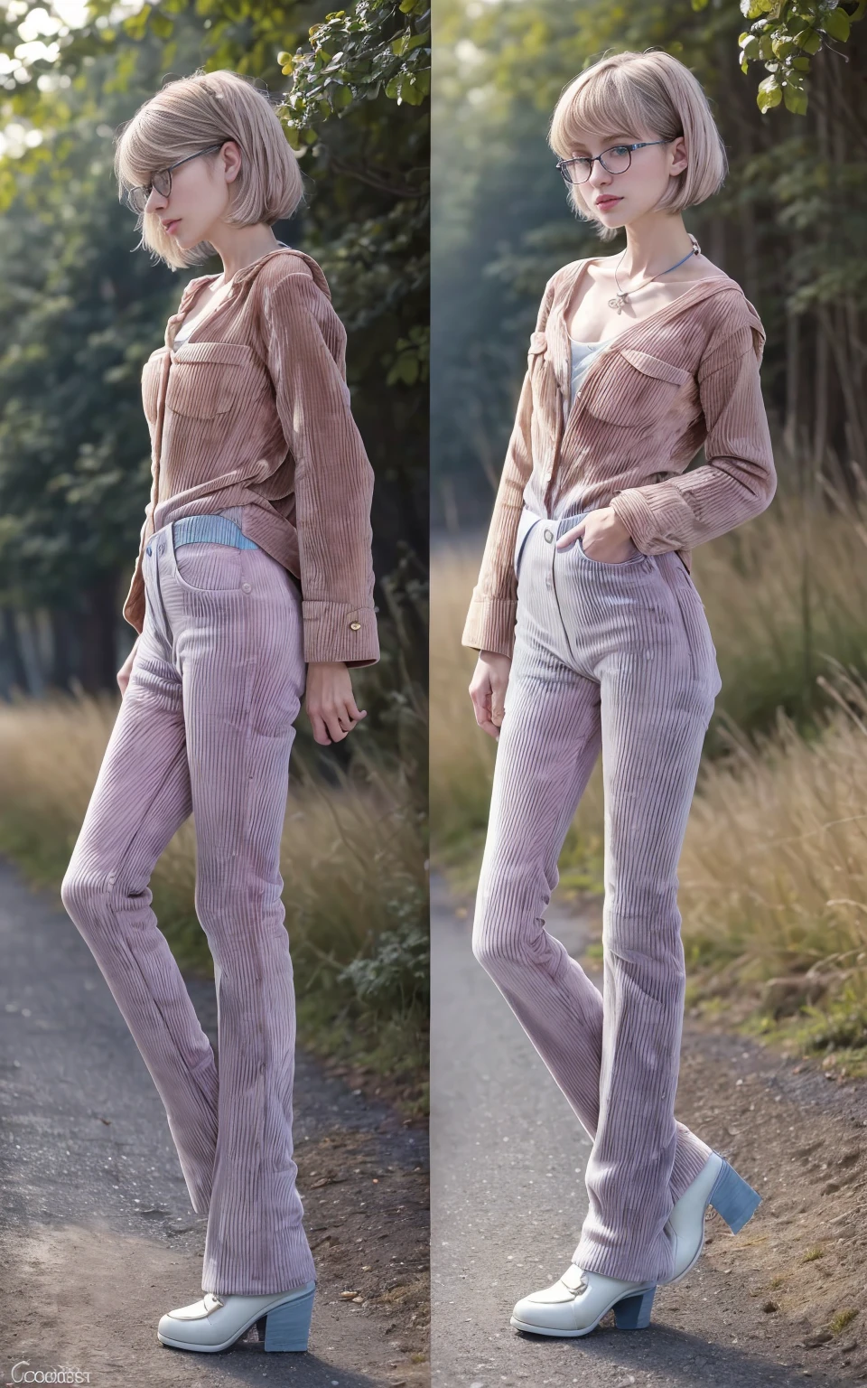 (8K, Masterpiece, RAW photo, Best quality, detail:1.3), (ultra realistic Natural background, scenary:1.5), Depth of field, Cinematic light, (ultra realistic face), (1 picture of 1 solo girl Airim Jones:1.6), 1girl, (Beautiful and elegant Russian girl), (skinny girl with glasses), (European face:1.3), (perfect complete full body:1.6), (full body shot including shoes:1.6), (perfect [frontal view|side profile|back profile]:1.5), (small necklace, collarbone:1.1), ( [bangs|pigtails|bob|pixie] hair:1.5), (ultra detailed skin:1.4), (sexy [white|pink] minitop:1.4), (Corduroy Blue Jeans:1.6), (perfect standing pose:1.5), (perfect long legs:1.4)