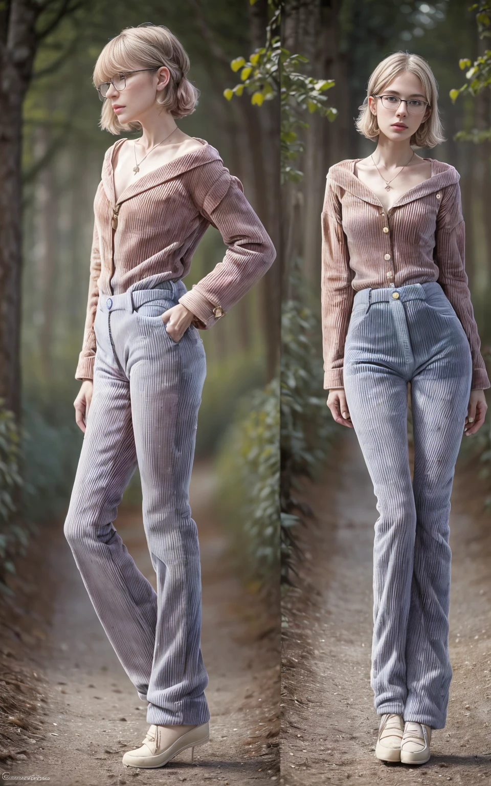 (8K, Masterpiece, RAW photo, Best quality, detail:1.3), (ultra realistic Natural background, scenary:1.5), Depth of field, Cinematic light, (ultra realistic face), (1 picture of 1 solo girl Airim Jones:1.6), 1girl, (Beautiful and elegant Russian girl), (skinny girl with glasses), (European face:1.3), (perfect complete full body:1.6), (full body shot including shoes:1.6), (perfect [frontal view|side profile|back profile]:1.5), (small necklace, collarbone:1.1), ( [bangs|pigtails|bob|pixie] hair:1.5), (ultra detailed skin:1.4), (sexy [white|pink] minitop:1.4), (Corduroy Blue Jeans:1.6), (perfect standing pose:1.5), (perfect long legs:1.4)