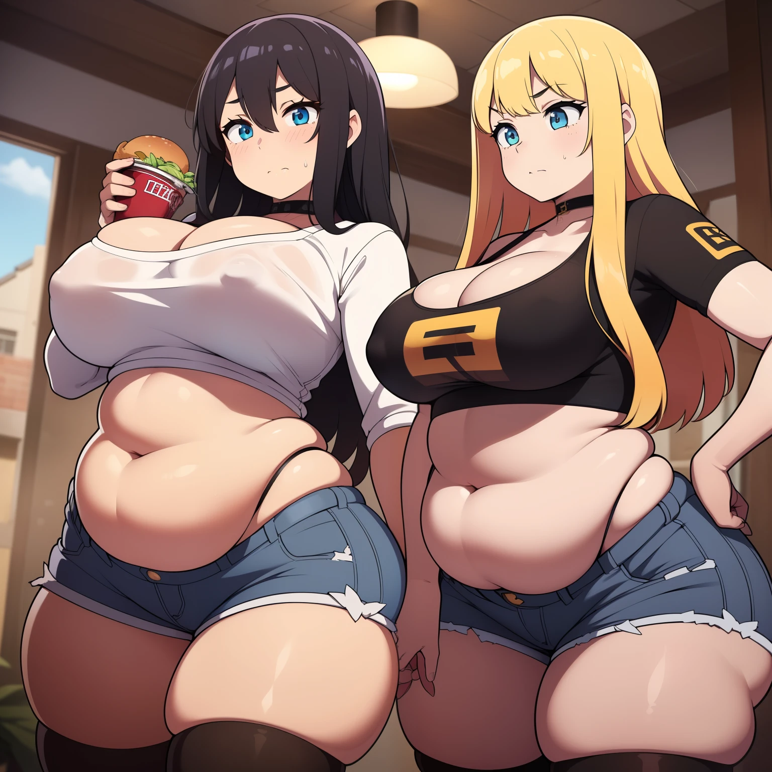 ((Masterpiece)), perfect anatomy, perfect shading, field of depth, (best quality), extremely delicate and beautiful, perfect lighting, detailed face, ultra cute face, cute, (cowboy shot 1.2), full body, (((2girls))), ((2 girls 1 and 2)) Girl 1: has long hair, fluffy hair, blonde hair, blue eyelush)), (embarrassed), extremely tight clothes, medium breasts, cleavage, perky breasts, ((wide hips)), (thick thighs), ((chubby)), pudgy belly, fat rolls, belly hang, Girl 2: has short hair, fluffy hair, brown hair, green eyelush)), worried, chocker, extremely tight clothes, medium breasts, cleavage, perky breasts, (((wide hips))), ((thick thighig butt)), ((plump)), chubby belly, fat rolls, belly hang, she has a jiggly belly, fast-food restaurant, intricate background, detailed background, girls are standing next to each other, (white crop top 1.5), (shorts 1.5), ((belly grab))