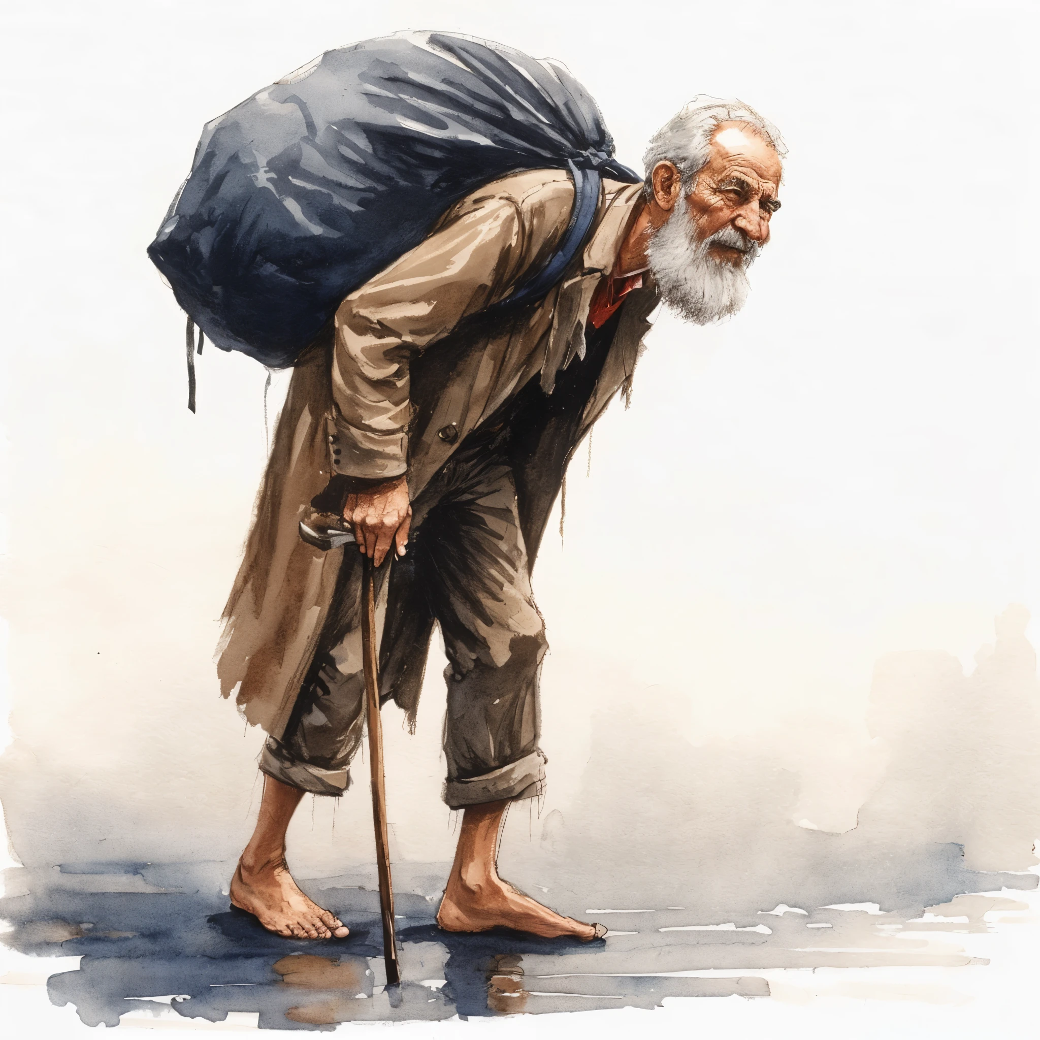 An old man with a big belly, a beard, and a walking stick. Carrying a sack on the back