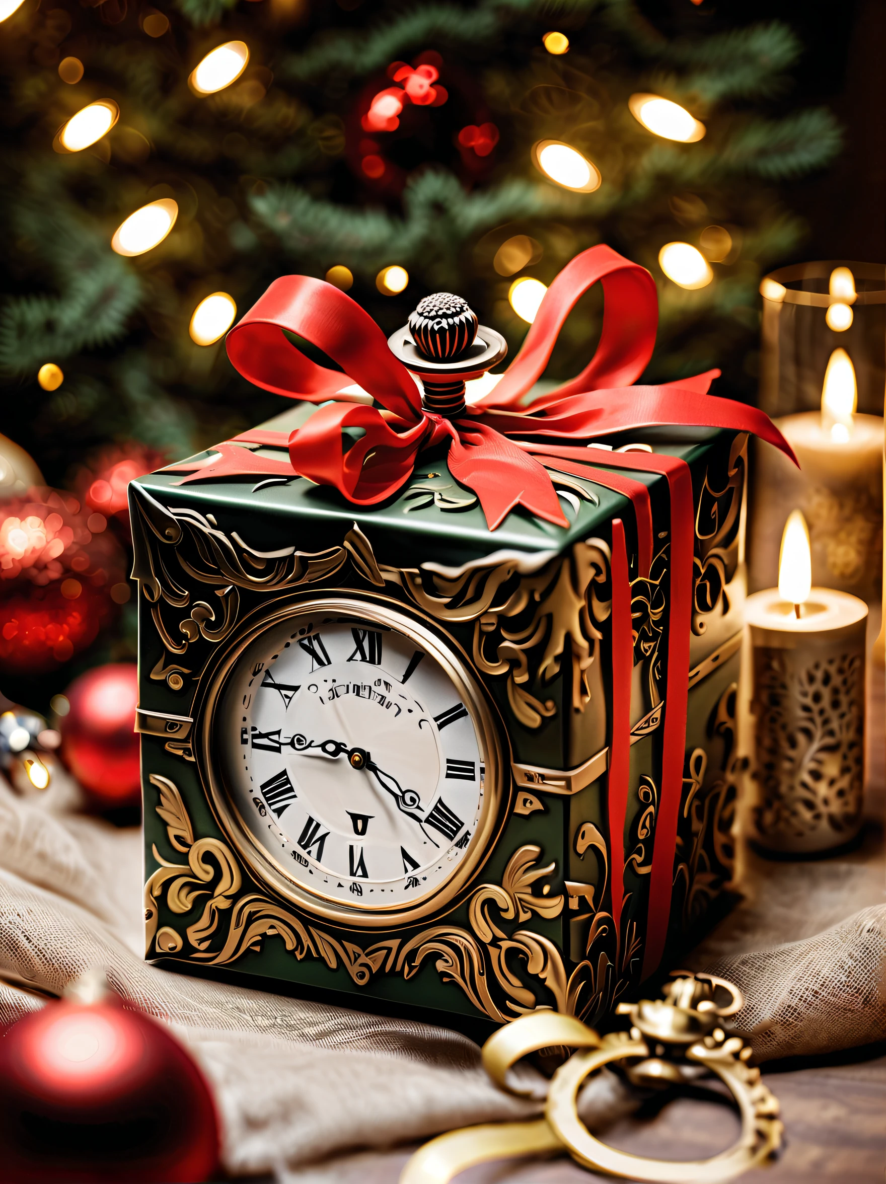 (((Christmas decoration gouache illustration:1.3))), Christmas present box with ribbon, vintage pocket watch, Christmas tree, christmas lights, reflection effect, Like a still image like a movie, Furlong rotor and table on dark fantasy tablecloth, low key lighting, glass transparent, smooth detail, High quality, Amazingly detailed rendering, Tonal contrast, fine coating, Cute atmosphere, insane detail, intricate detailes, Best Quality, true masterpiece,